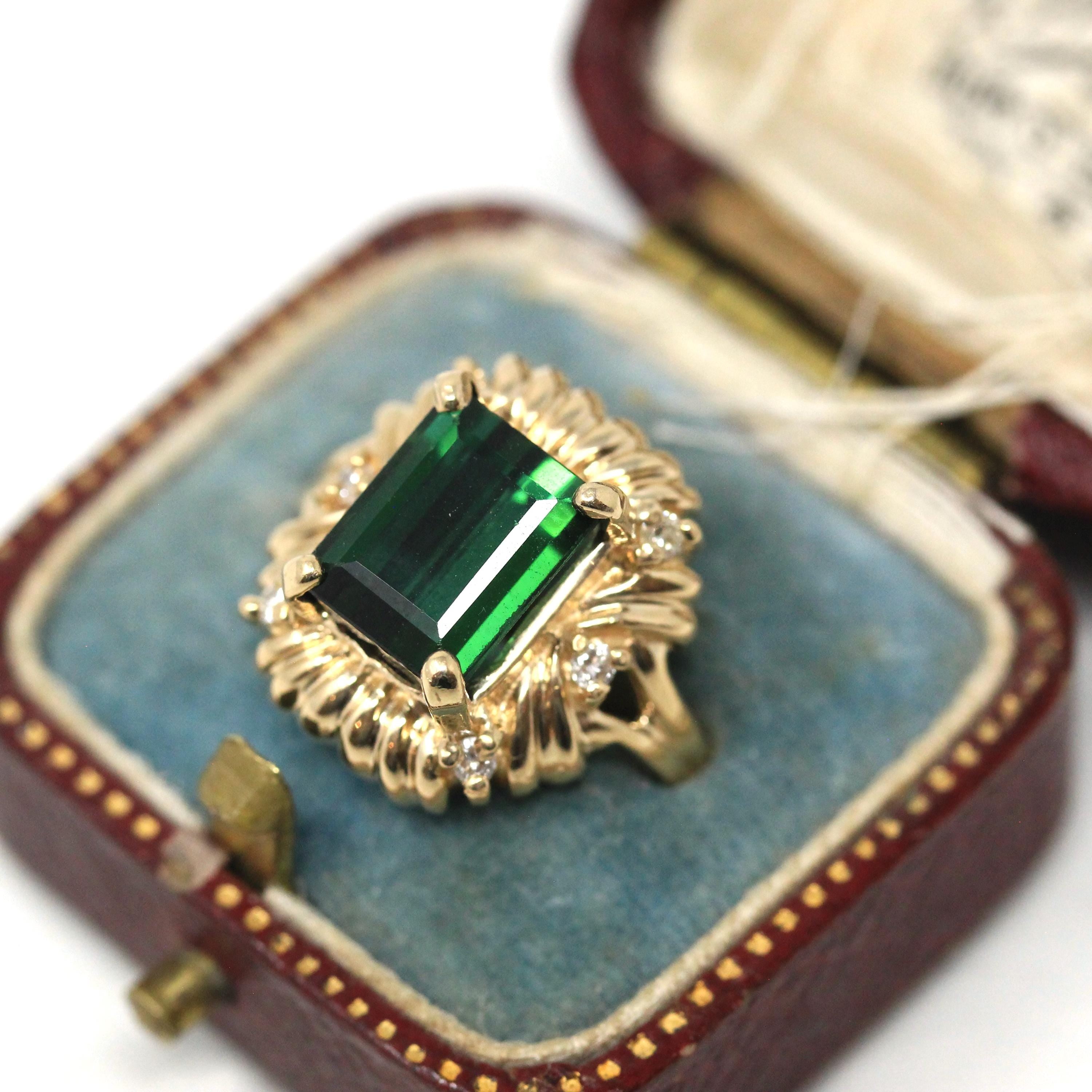 Green Tourmaline Ring - Modern 14k Yellow Gold Faceted Green 3.00 CT Gemstone Statement - Circa 2000s Diamond Accent October Fine Jewelry