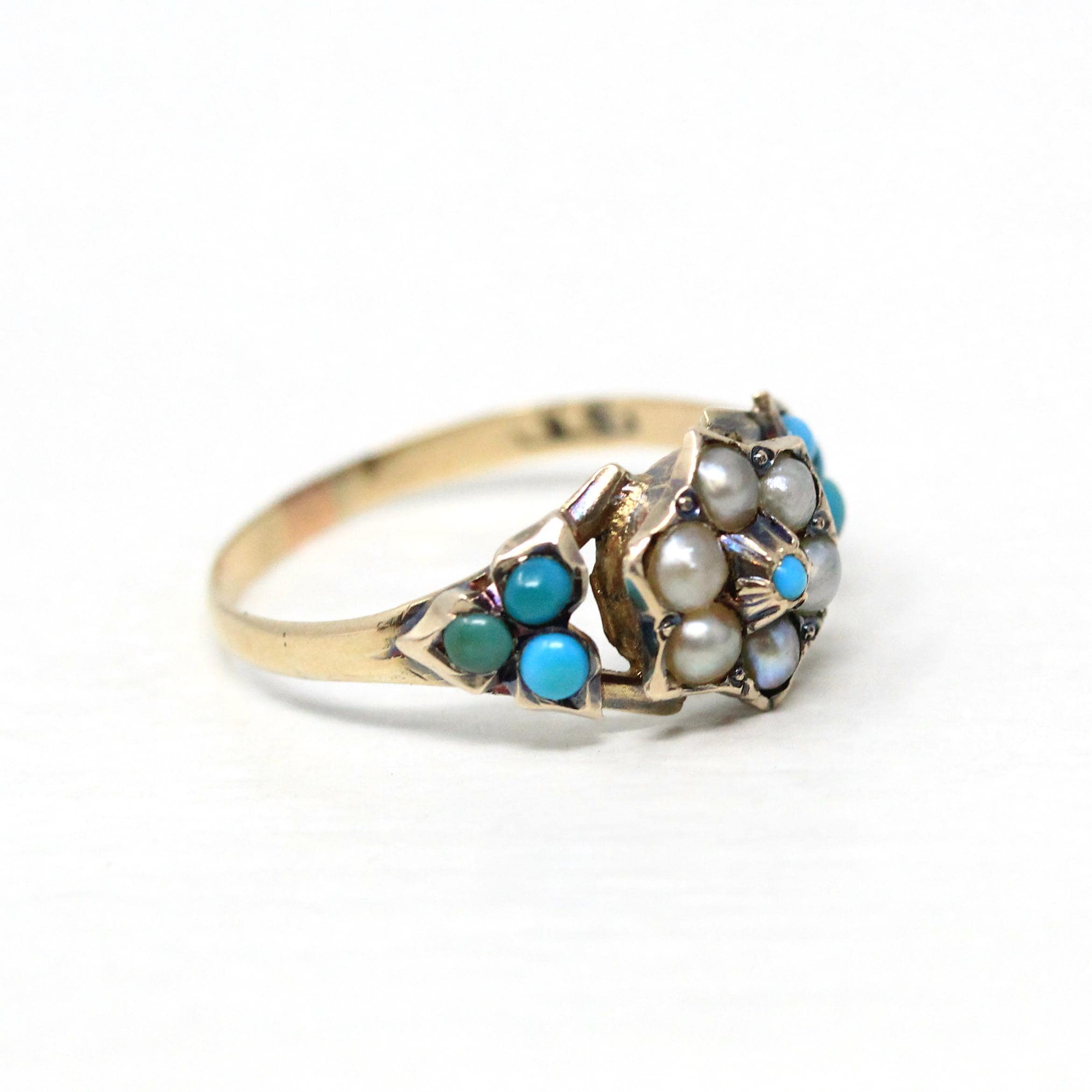 Antique Flower Ring - Victorian 10k Yellow Gold Turquoise and Pearl Gemstones - Vintage 1800s Cabochon Fine Secret Compartment Hair Jewelry