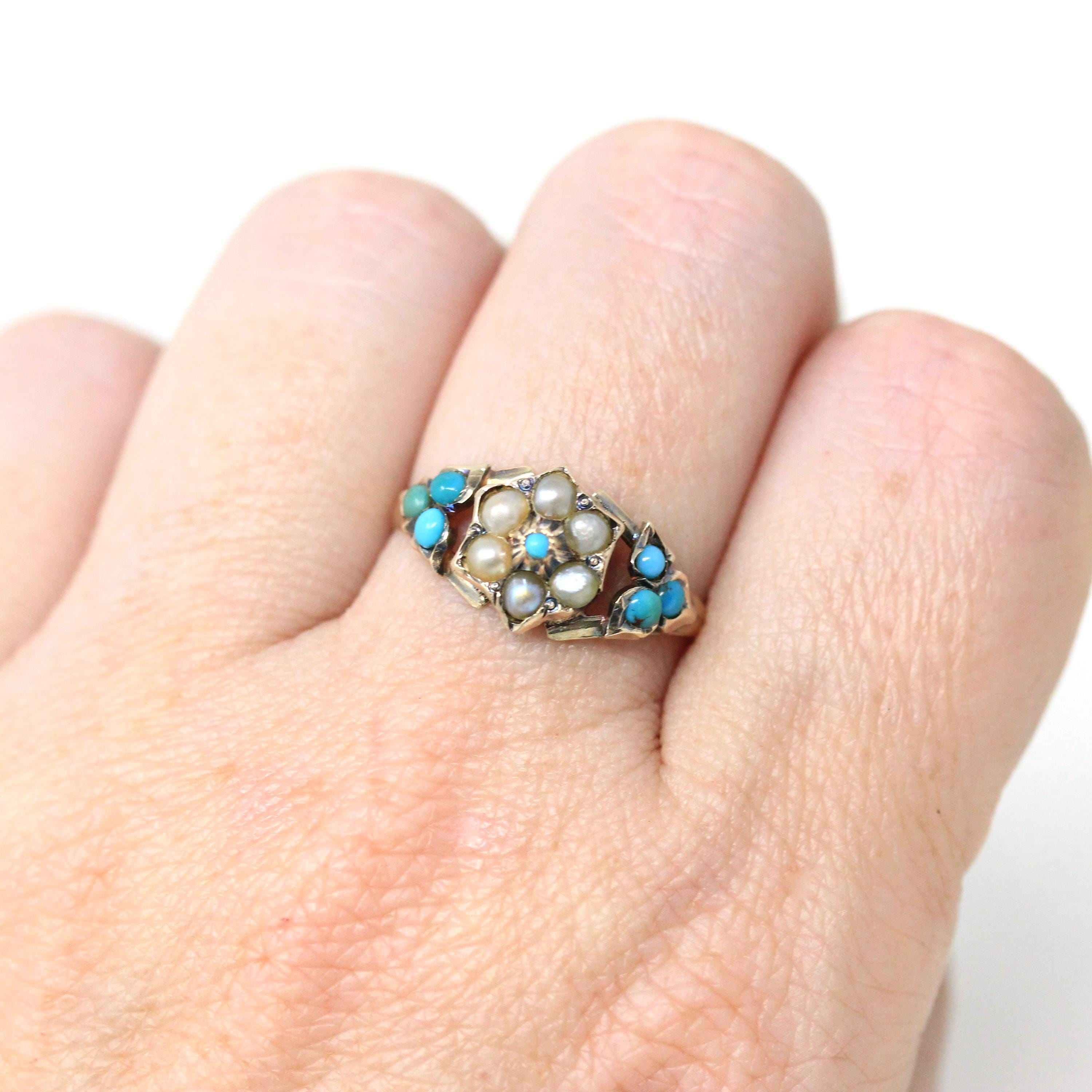 Antique Flower Ring - Victorian 10k Yellow Gold Turquoise and Pearl Gemstones - Vintage 1800s Cabochon Fine Secret Compartment Hair Jewelry