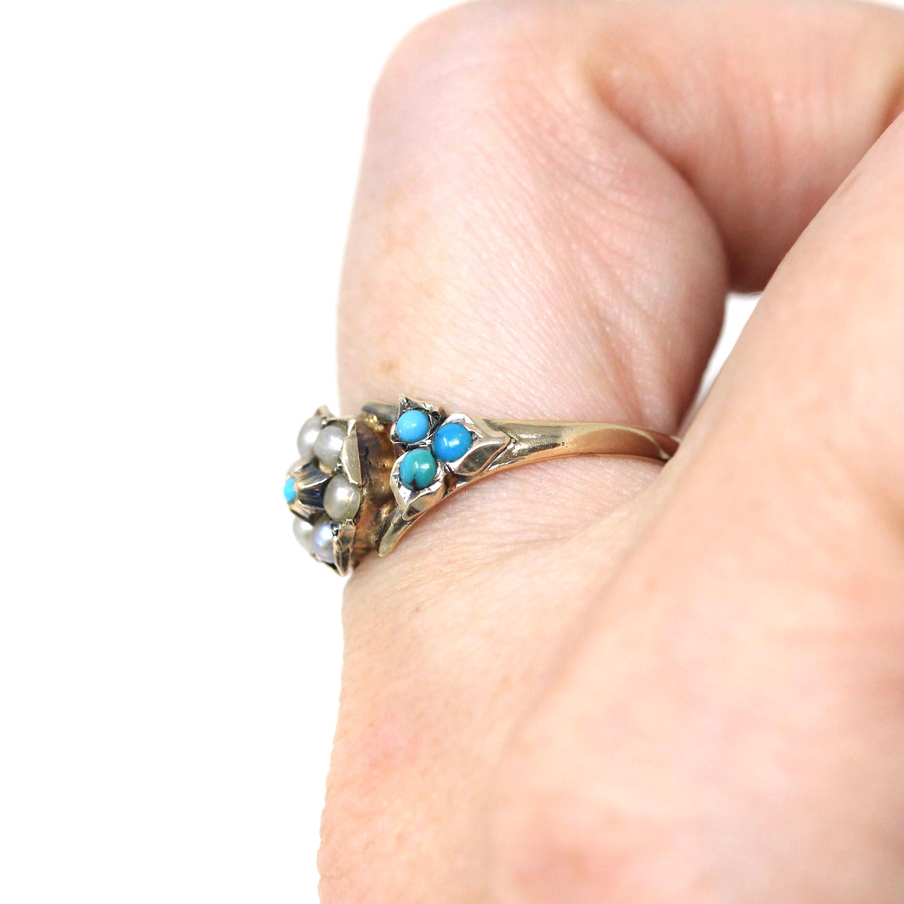 Antique Flower Ring - Victorian 10k Yellow Gold Turquoise and Pearl Gemstones - Vintage 1800s Cabochon Fine Secret Compartment Hair Jewelry