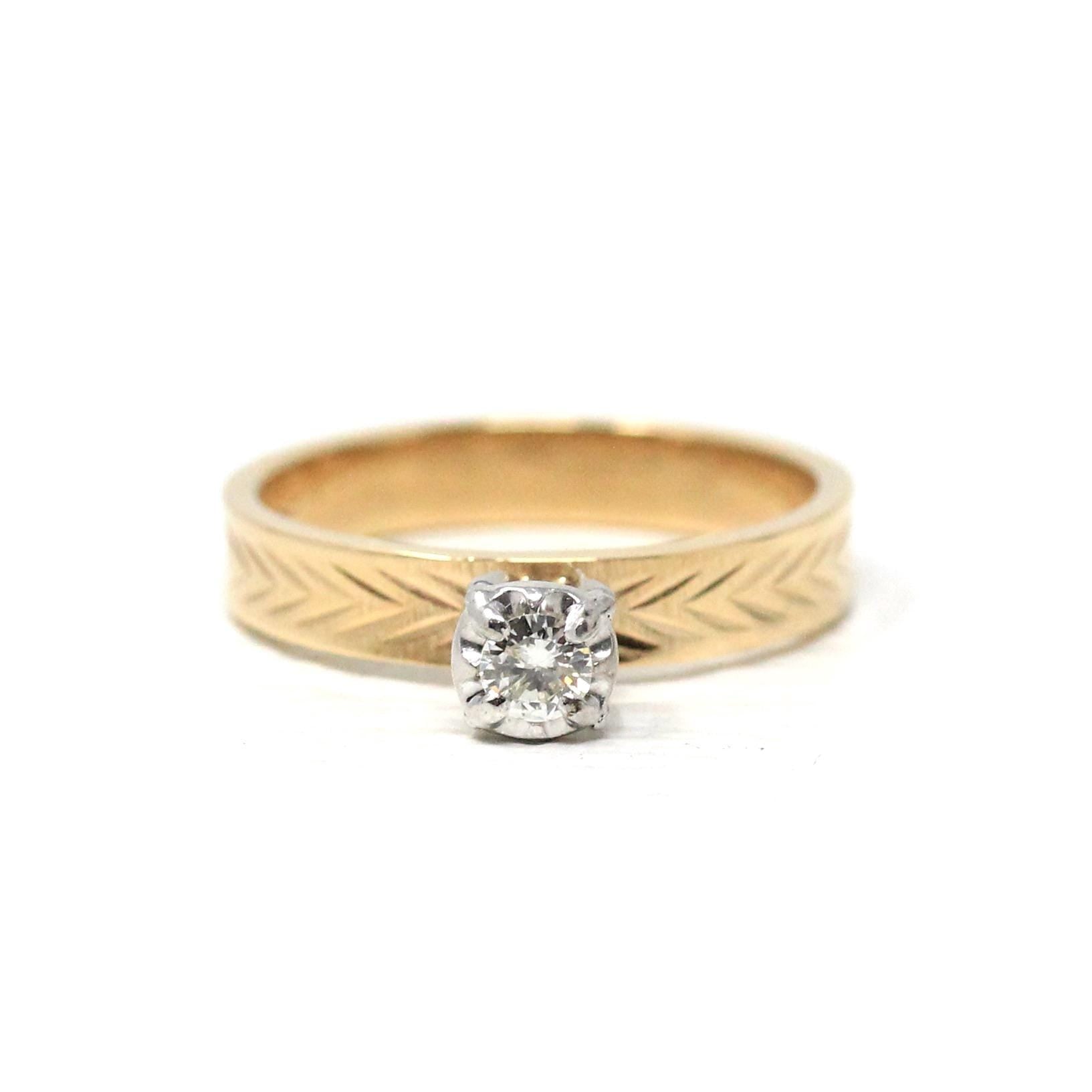 Vintage Diamond Ring - 14k Yellow & White Gold Round .17 CT Solitaire Engagement - Size 8 Retro Era 1990s Illusion Head Fine Wheat Jewelry