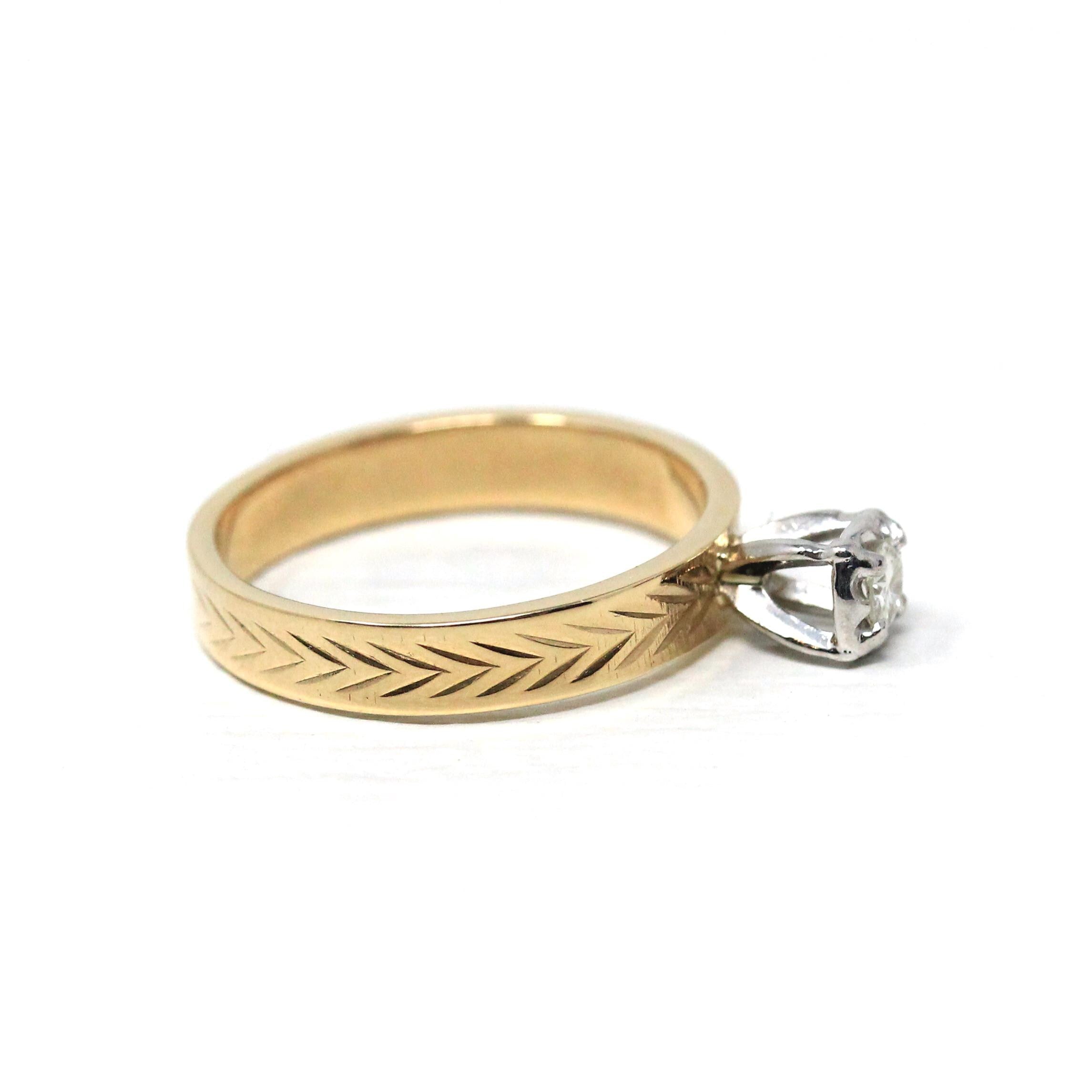 Vintage Diamond Ring - 14k Yellow & White Gold Round .17 CT Solitaire Engagement - Size 8 Retro Era 1990s Illusion Head Fine Wheat Jewelry