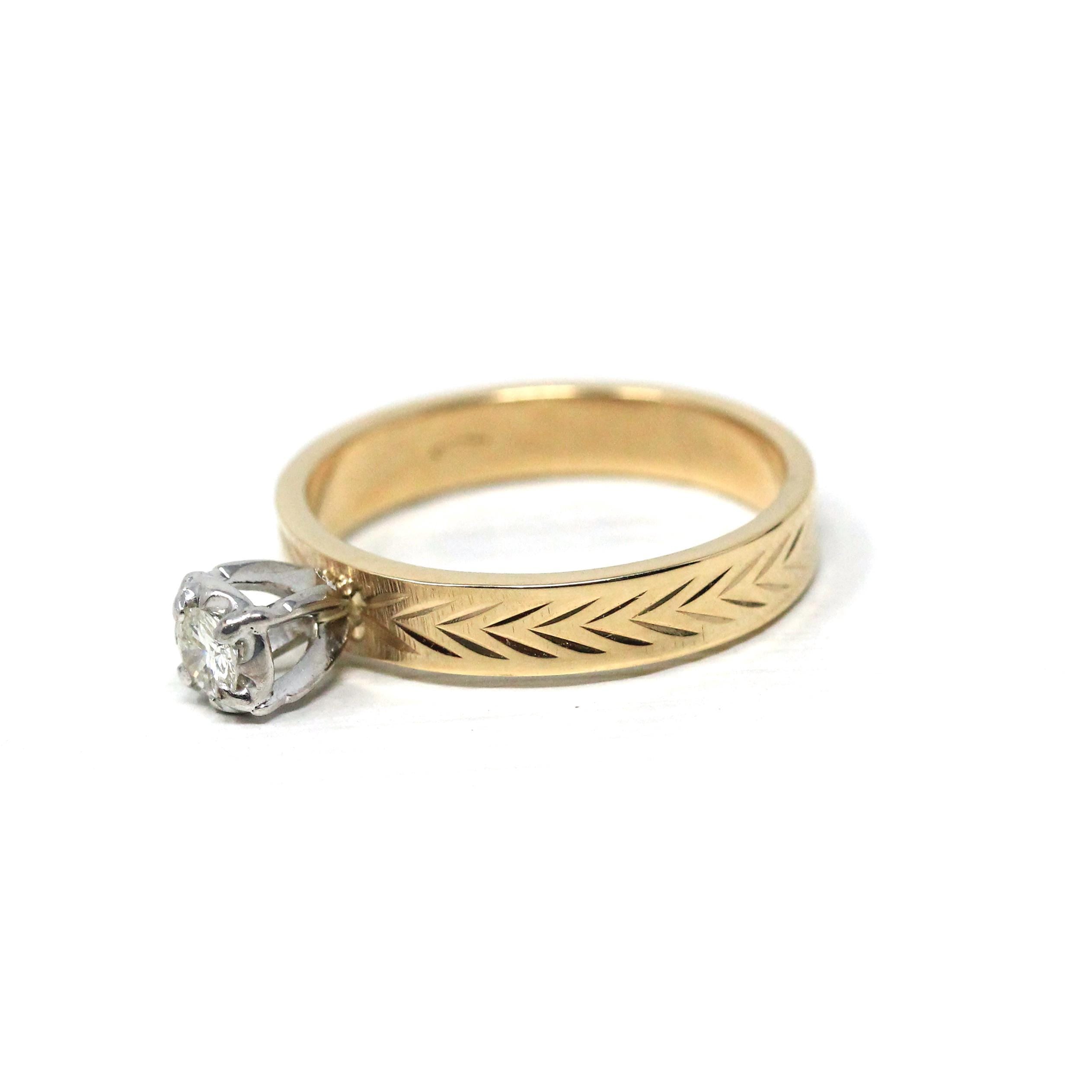 Vintage Diamond Ring - 14k Yellow & White Gold Round .17 CT Solitaire Engagement - Size 8 Retro Era 1990s Illusion Head Fine Wheat Jewelry