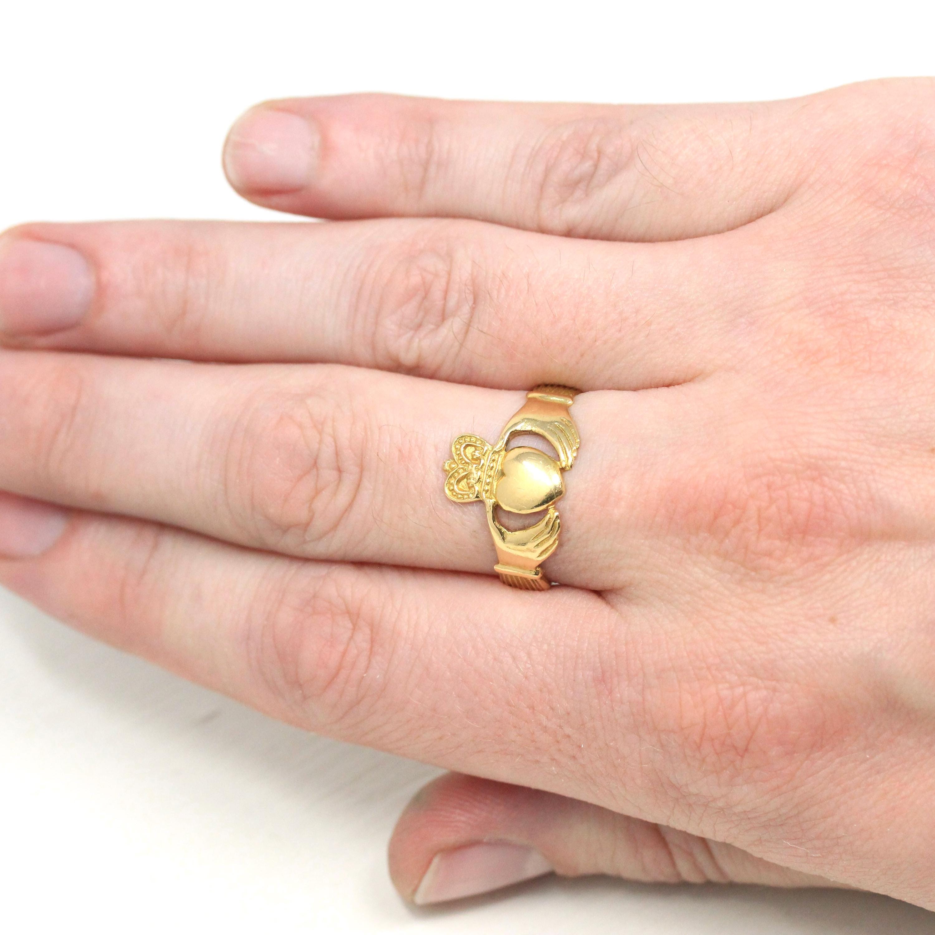 Vintage Claddagh Ring - Irish 18k Yellow Gold Heart Clasped Hand Crown - Dated 1961 Size 9 Friendship Love Loyalty Dublin Hallmark Jewelry
