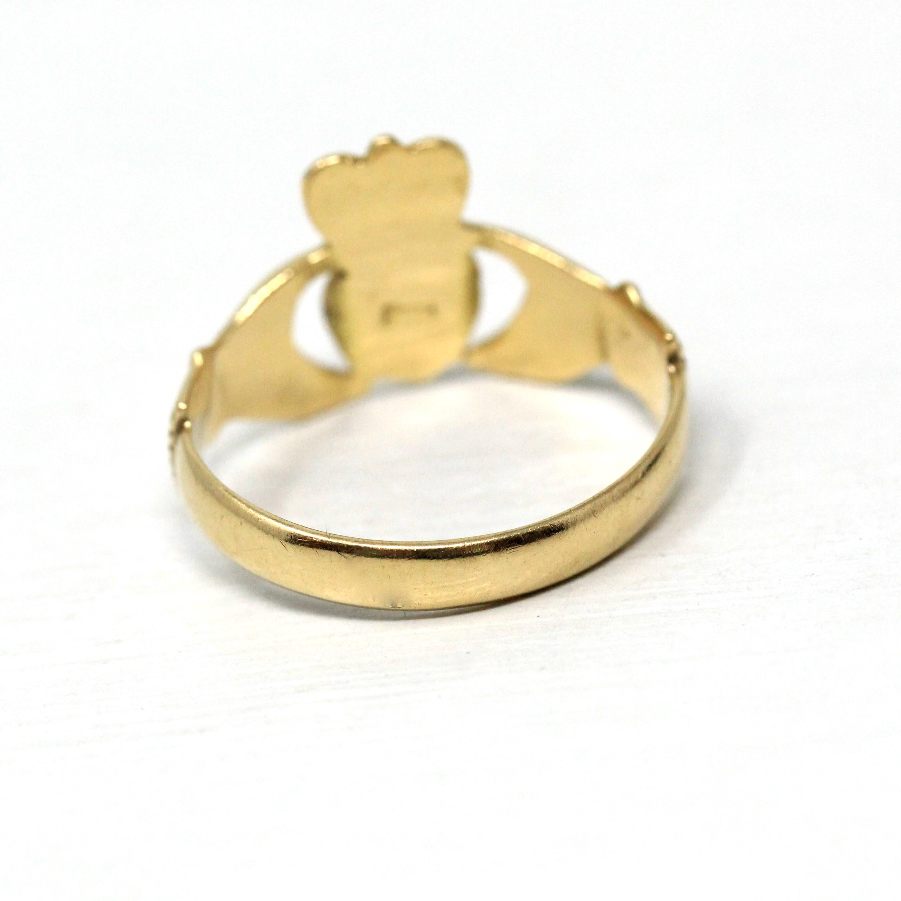 Vintage Claddagh Ring - Irish 18k Yellow Gold Heart Clasped Hand Crown - Dated 1961 Size 9 Friendship Love Loyalty Dublin Hallmark Jewelry