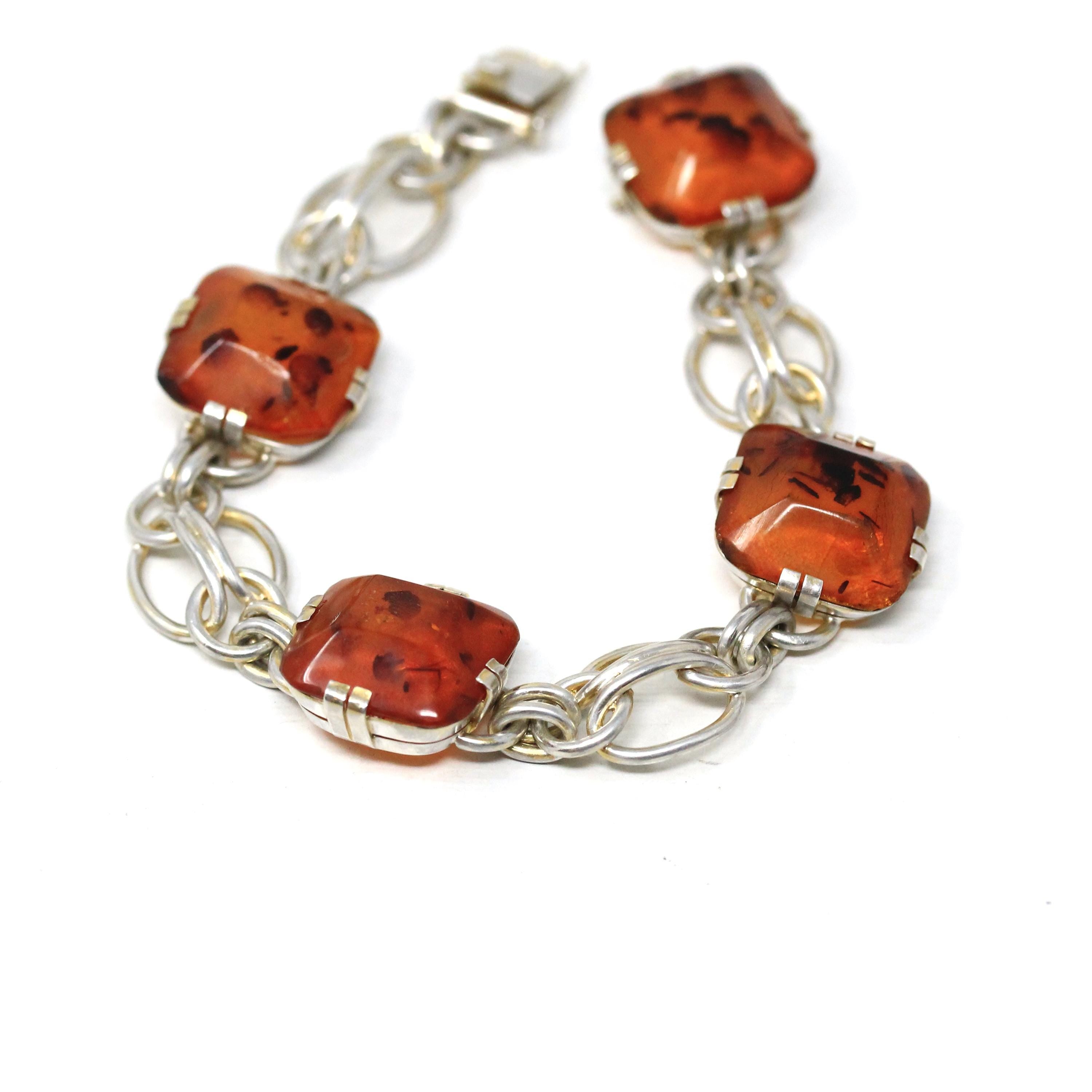 Vintage Amber Bracelet - Retro Era Sterling Silver Cushion Carved Faceted Amber Gemstones - Circa 1990s Tree Resin Fashion Accessory Jewelry
