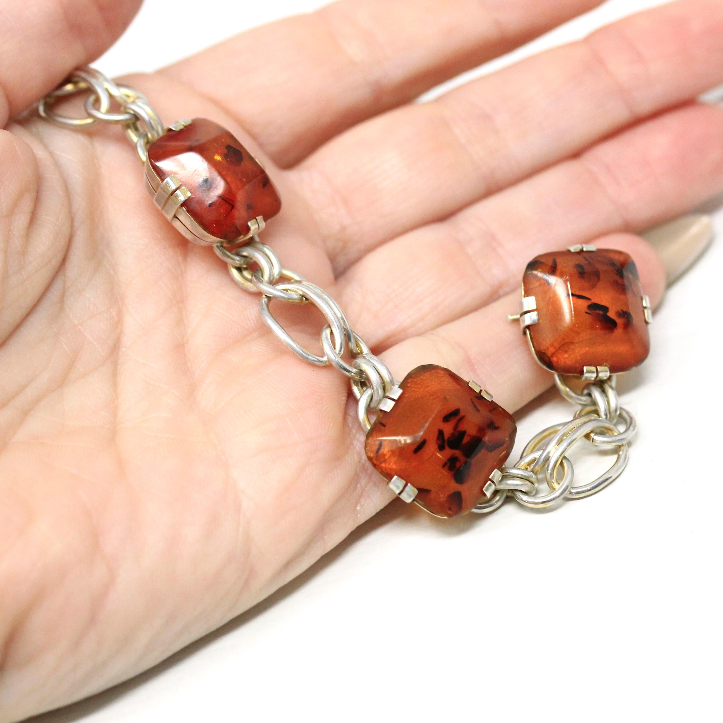 Vintage Amber Bracelet - Retro Era Sterling Silver Cushion Carved Faceted Amber Gemstones - Circa 1990s Tree Resin Fashion Accessory Jewelry