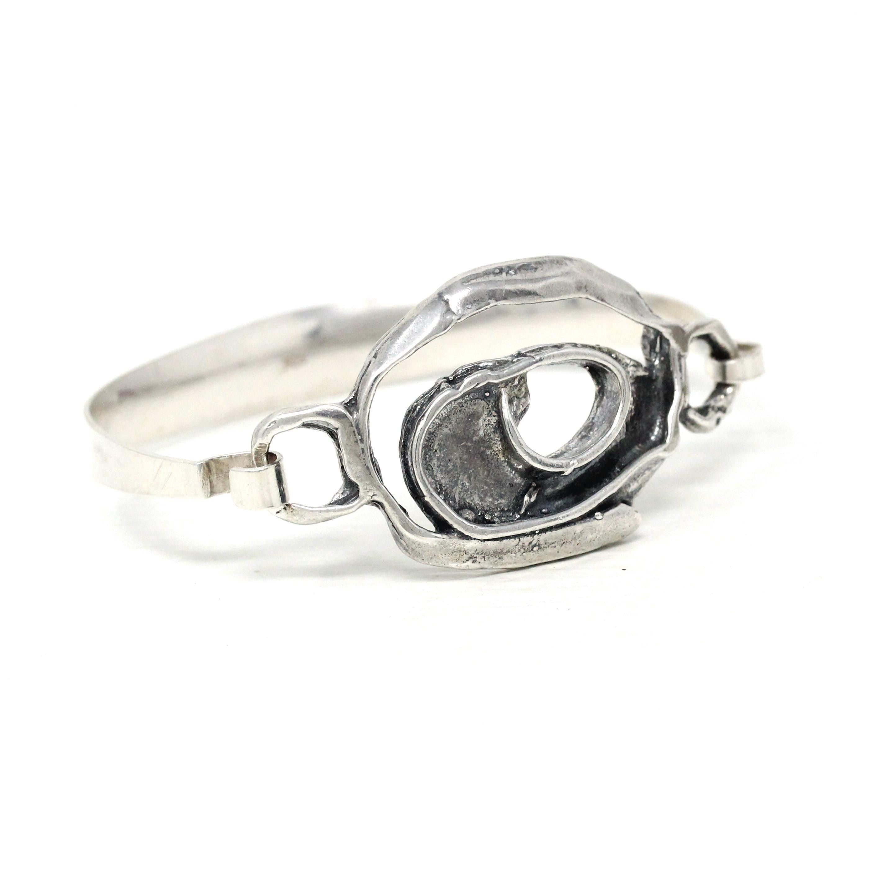 Vintage Swirl Bangle Bracelet - Retro Sterling Silver Organic Shape Funky Clasp Statement - Circa 1970s Era Fashion Accessory 70s Jewelry