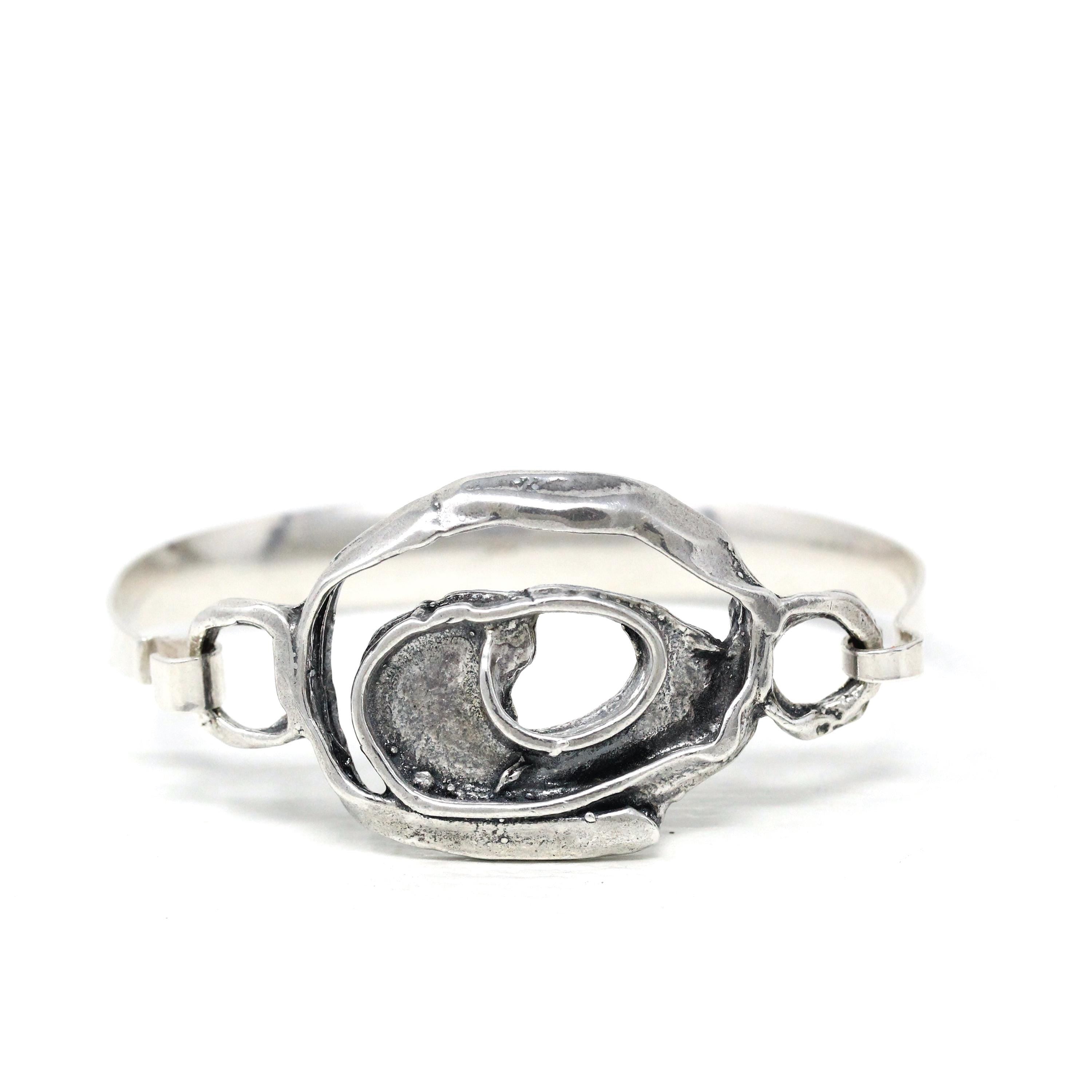 Vintage Swirl Bangle Bracelet - Retro Sterling Silver Organic Shape Funky Clasp Statement - Circa 1970s Era Fashion Accessory 70s Jewelry