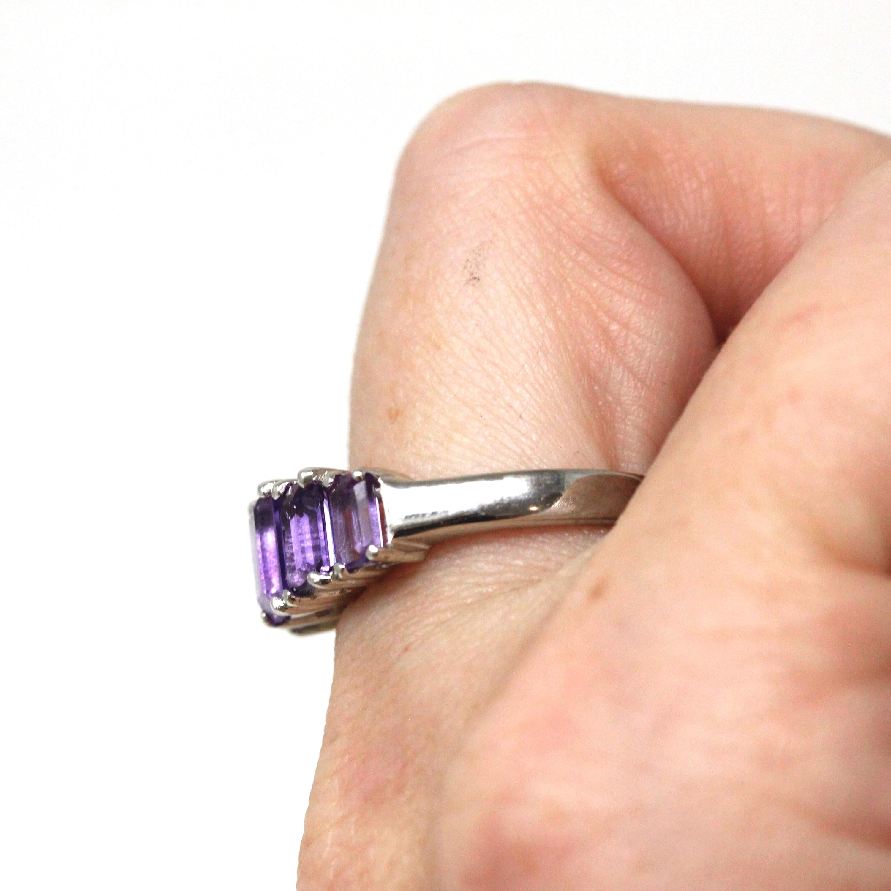 Modern Amethyst Ring - Vintage 14k White Gold Multi Five Rectangle Faceted Gemstones- Estate Circa 2000's Era Size 7 Fine Statement Jewelry