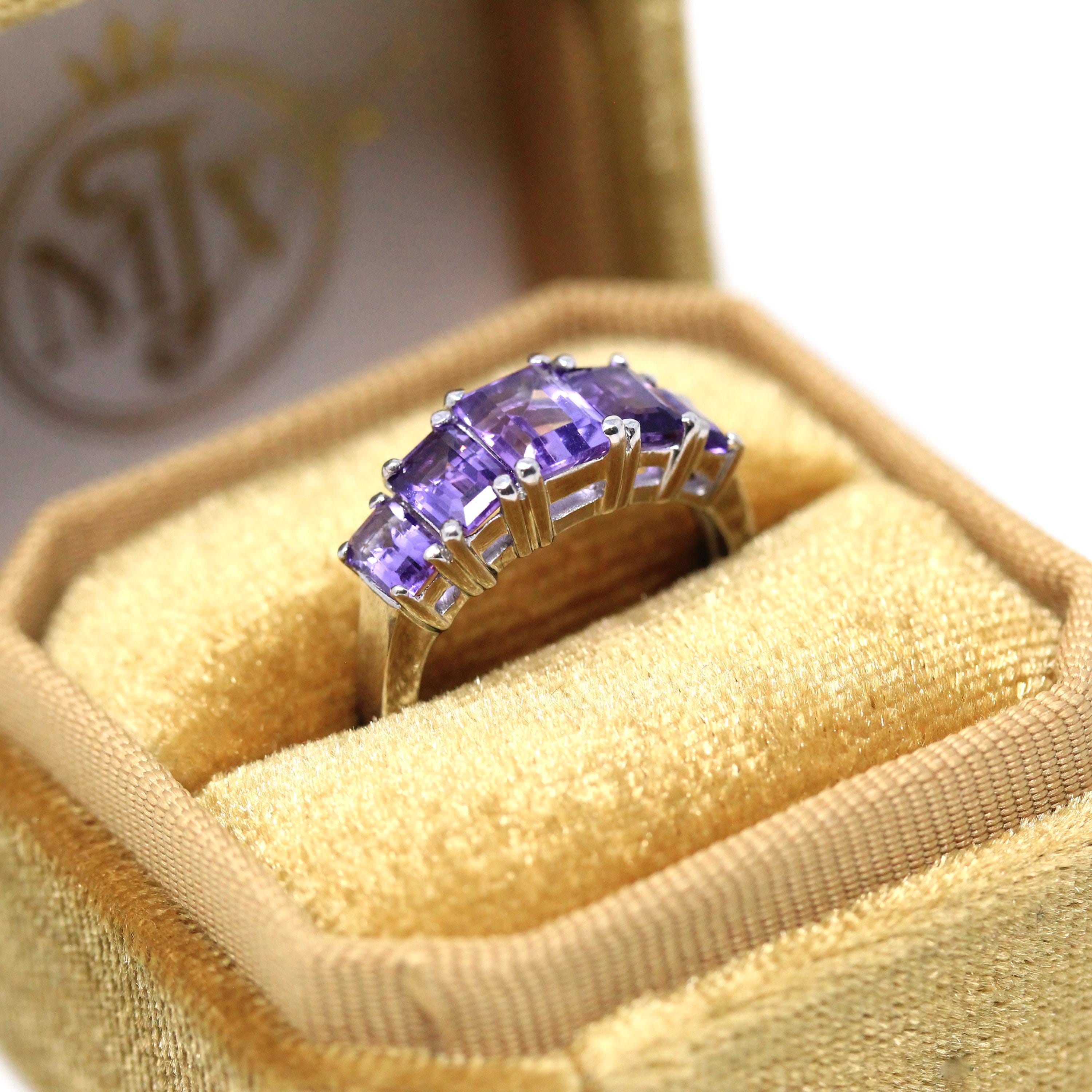 Modern Amethyst Ring - Vintage 14k White Gold Multi Five Rectangle Faceted Gemstones- Estate Circa 2000's Era Size 7 Fine Statement Jewelry