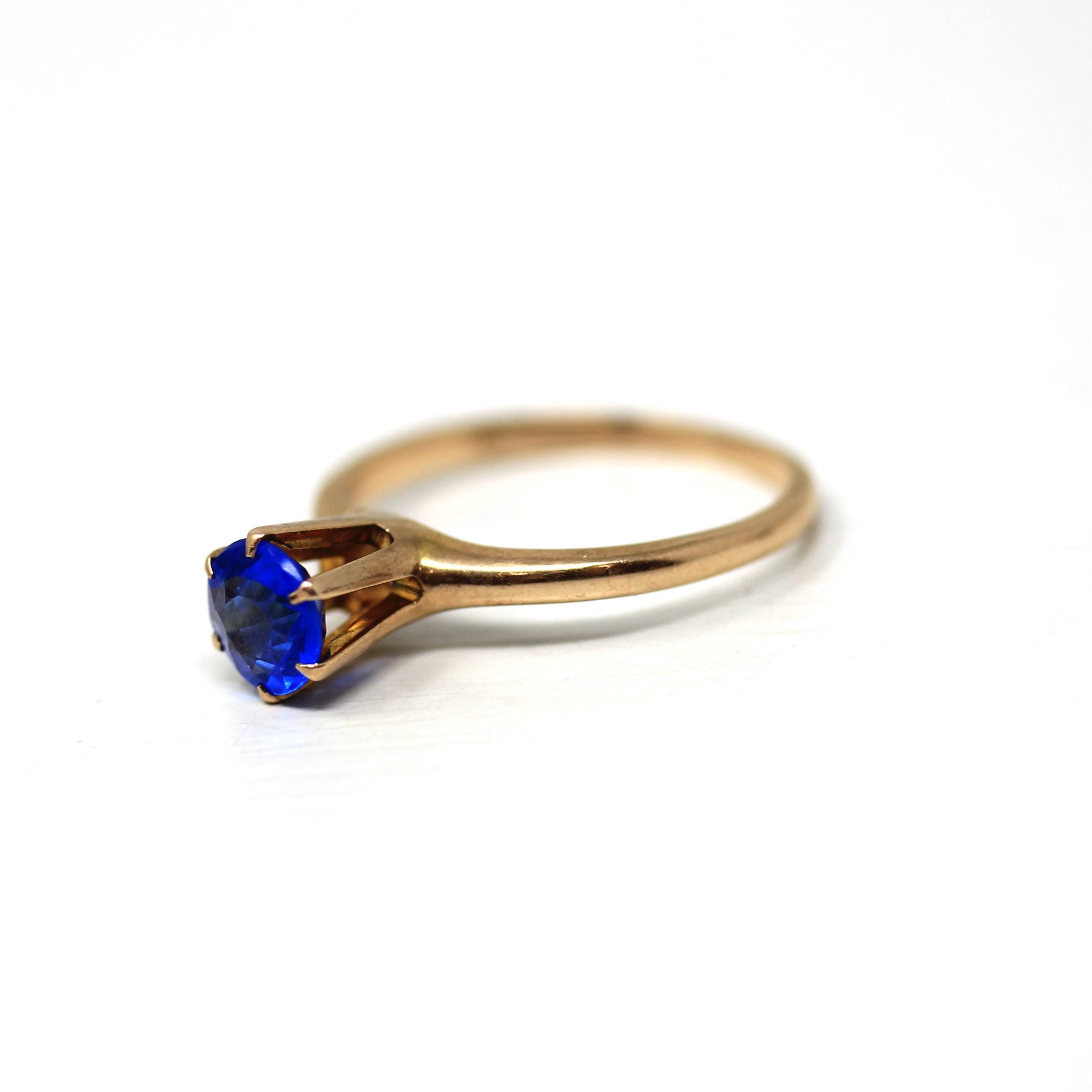 Garnet Glass Doublet Ring - Edwardian 10k Yellow Gold Round Faceted Bright Blue Stone - Antique Circa 1910 Size 6 1/4 Solitaire Fine Jewelry