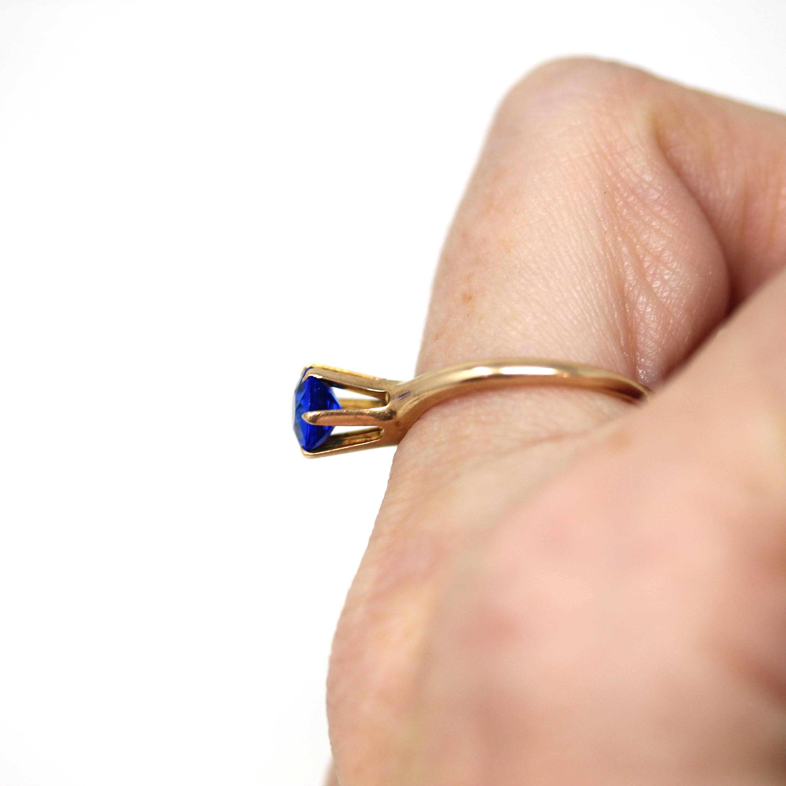 Garnet Glass Doublet Ring - Edwardian 10k Yellow Gold Round Faceted Bright Blue Stone - Antique Circa 1910 Size 6 1/4 Solitaire Fine Jewelry