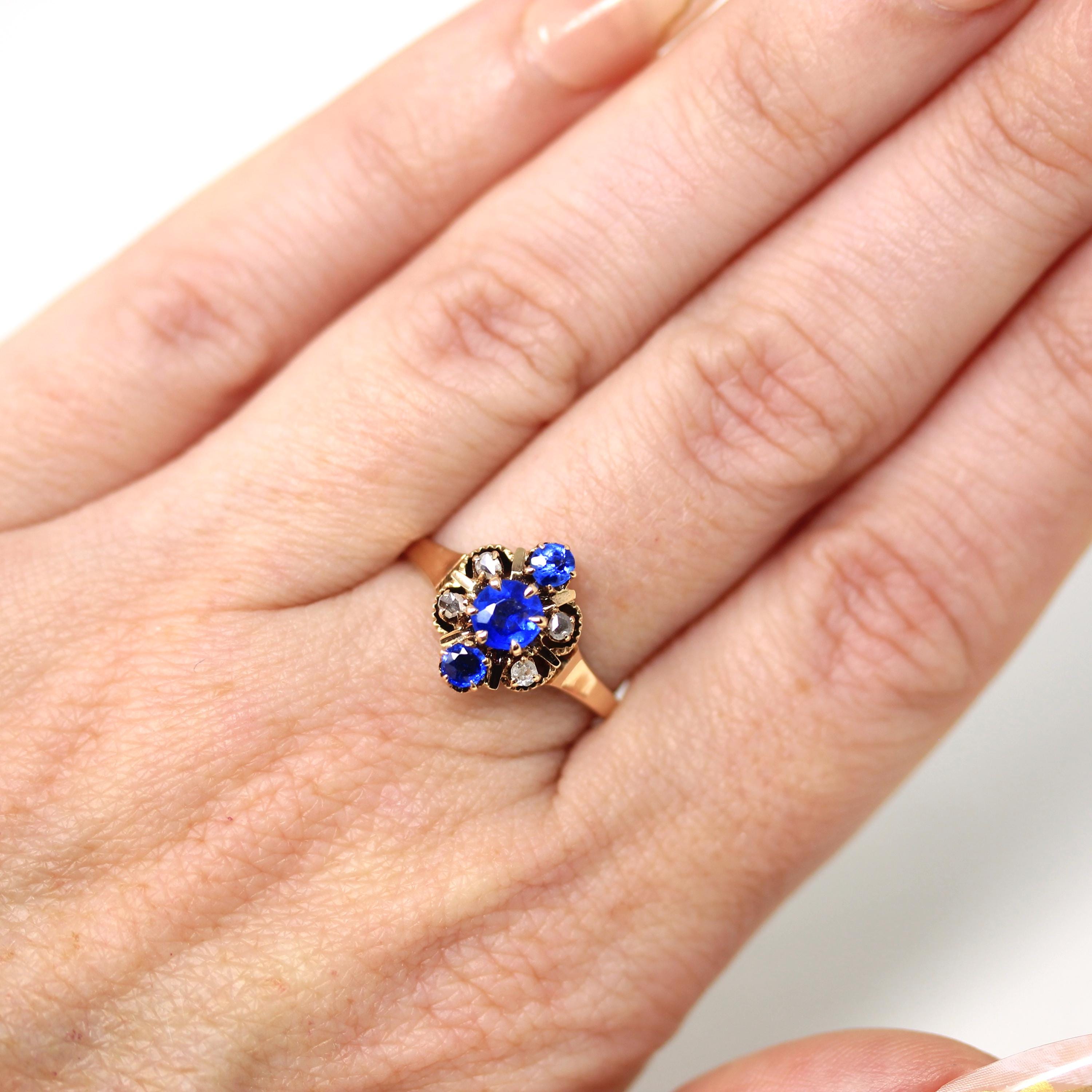 Simulated Sapphire Ring - Antique 10k Rosy Yellow Gold Navette Cluster Gems - Victorian Era Circa 1890s Size 8.5 Dainty Fine Diamond Jewelry