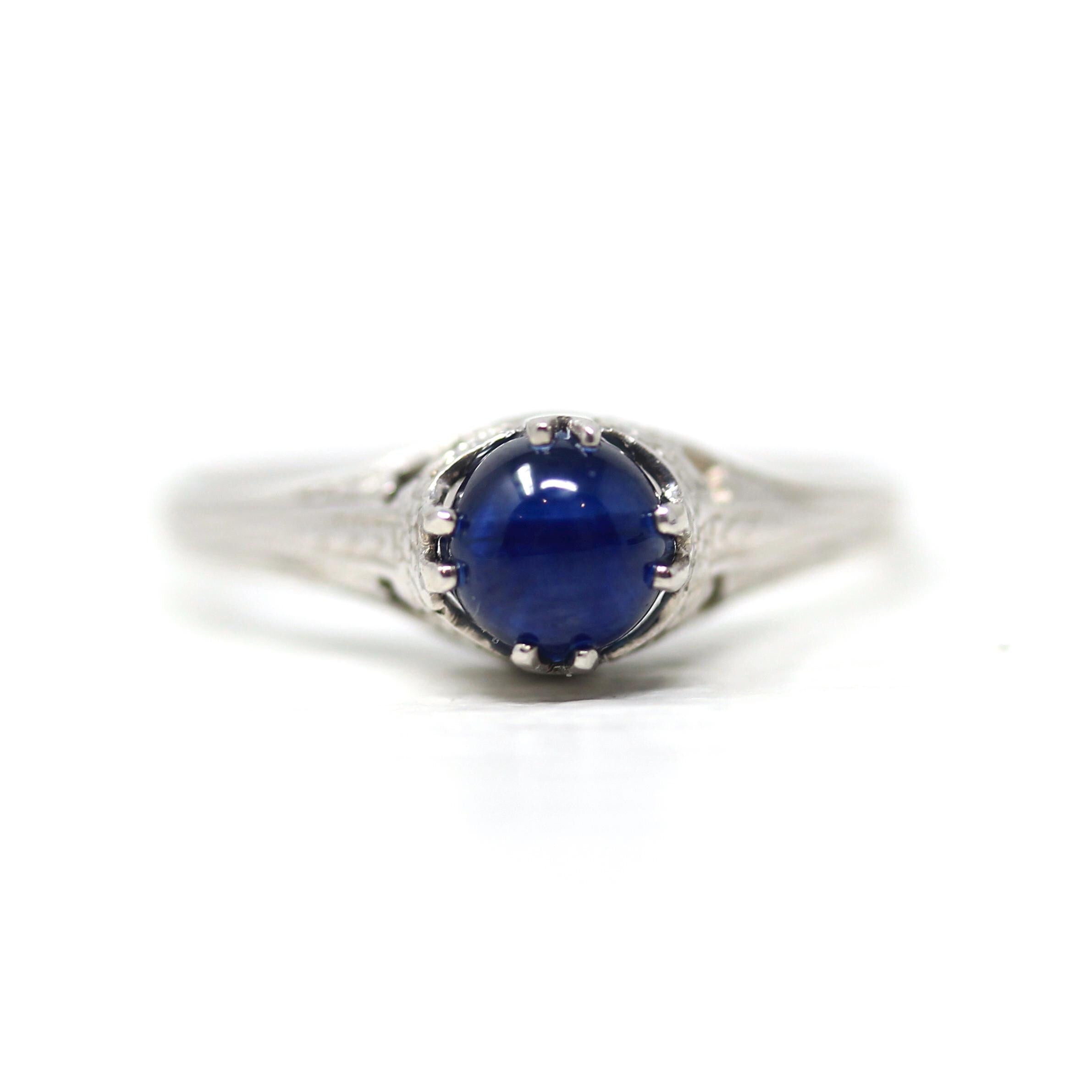 Natural Sapphire Ring - Art Deco 14k White Gold Cabochon Cut Blue Gemstone - Vintage Circa 1930s Era Size 6 1/4 Ostby & Barton Fine Jewelry