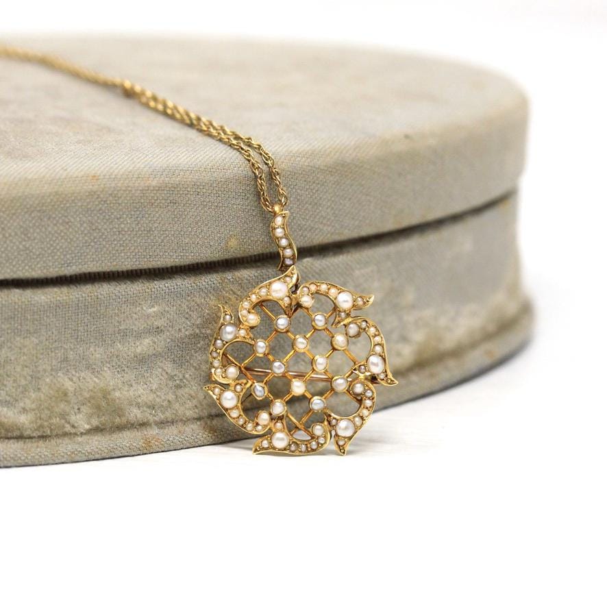 Antique Lattice Necklace - Edwardian 15CT English Yellow Gold & Seed Pearls Brooch Pendant - Circa 1910s Fine Floral Nature Inspired Jewelry