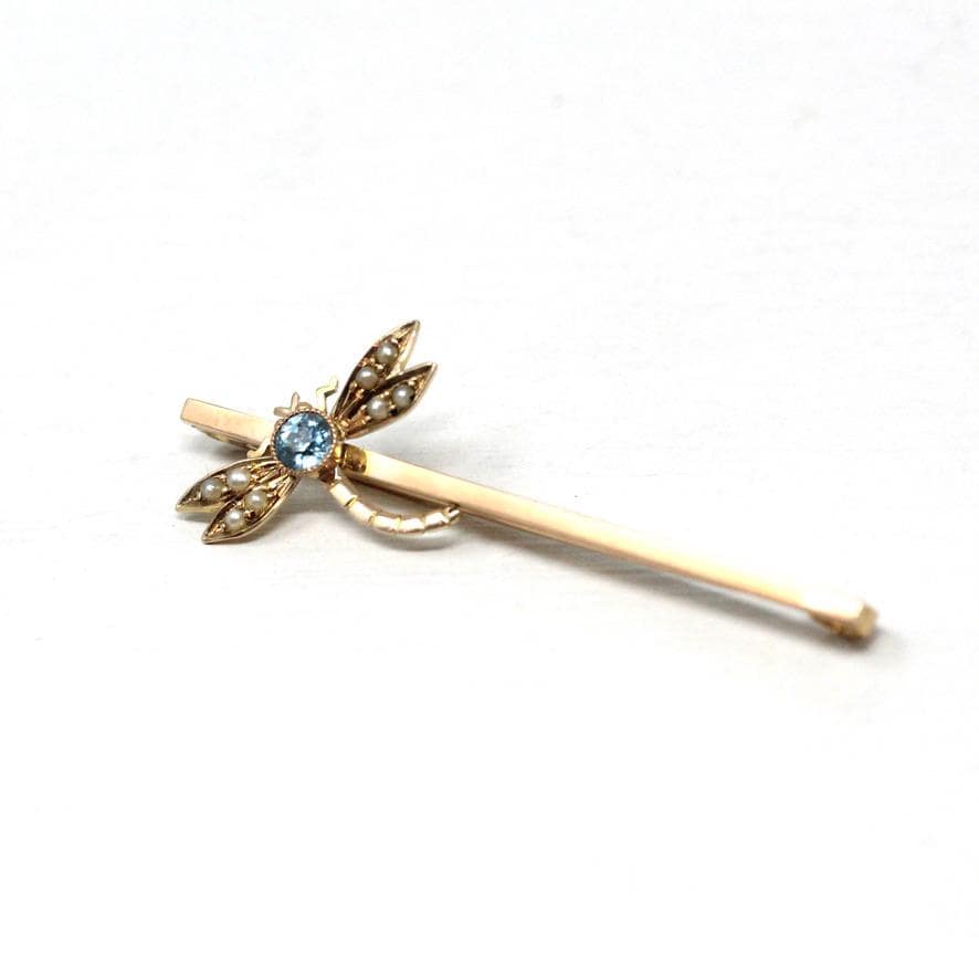 Zircon Dragonfly Brooch - Edwardian 9k Yellow Gold Natural Blue Gem Seed Pearls - Antique 1910s Bug Insect December Birthstone Fine Jewelry