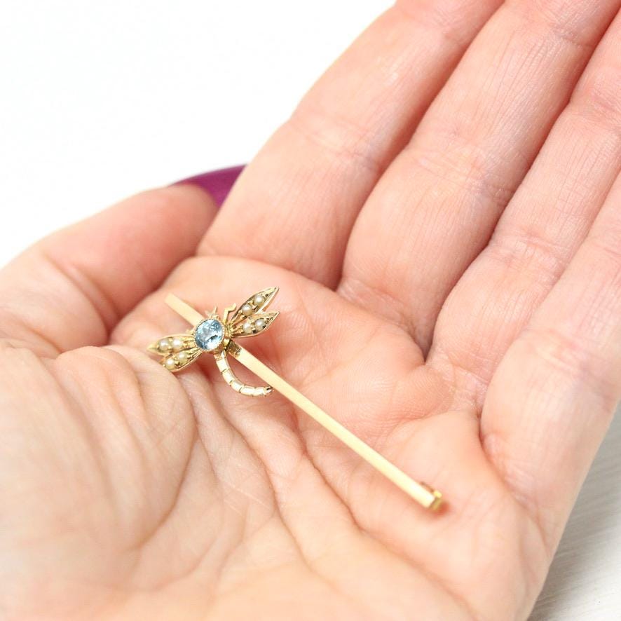 Zircon Dragonfly Brooch - Edwardian 9k Yellow Gold Natural Blue Gem Seed Pearls - Antique 1910s Bug Insect December Birthstone Fine Jewelry