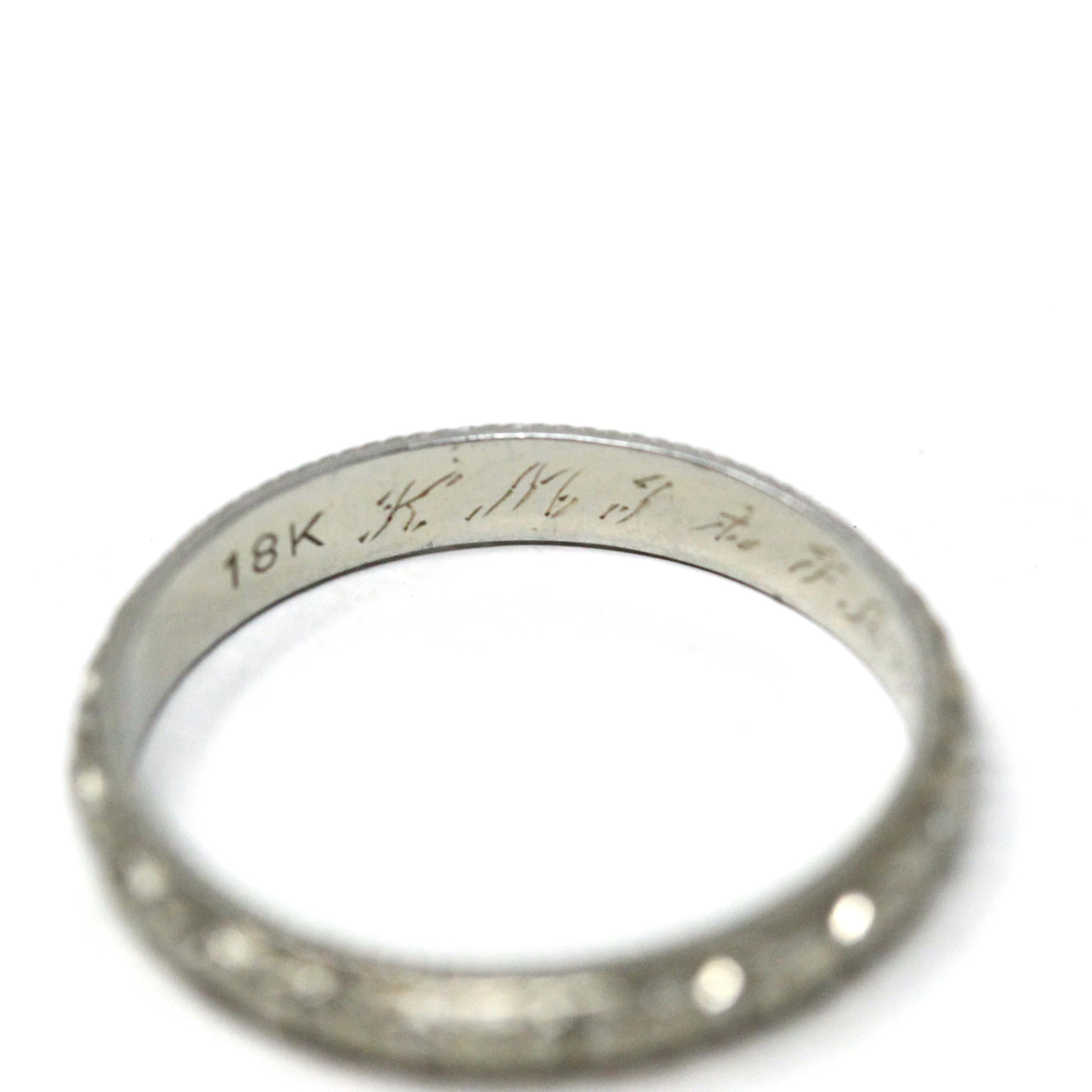 Floral Wedding Band - Vintage Art Deco 18k White Gold Flower Eternity Ring - Circa 1930s Era Size 6 3/4 Bridal Unisex Engraved Fine Jewelry