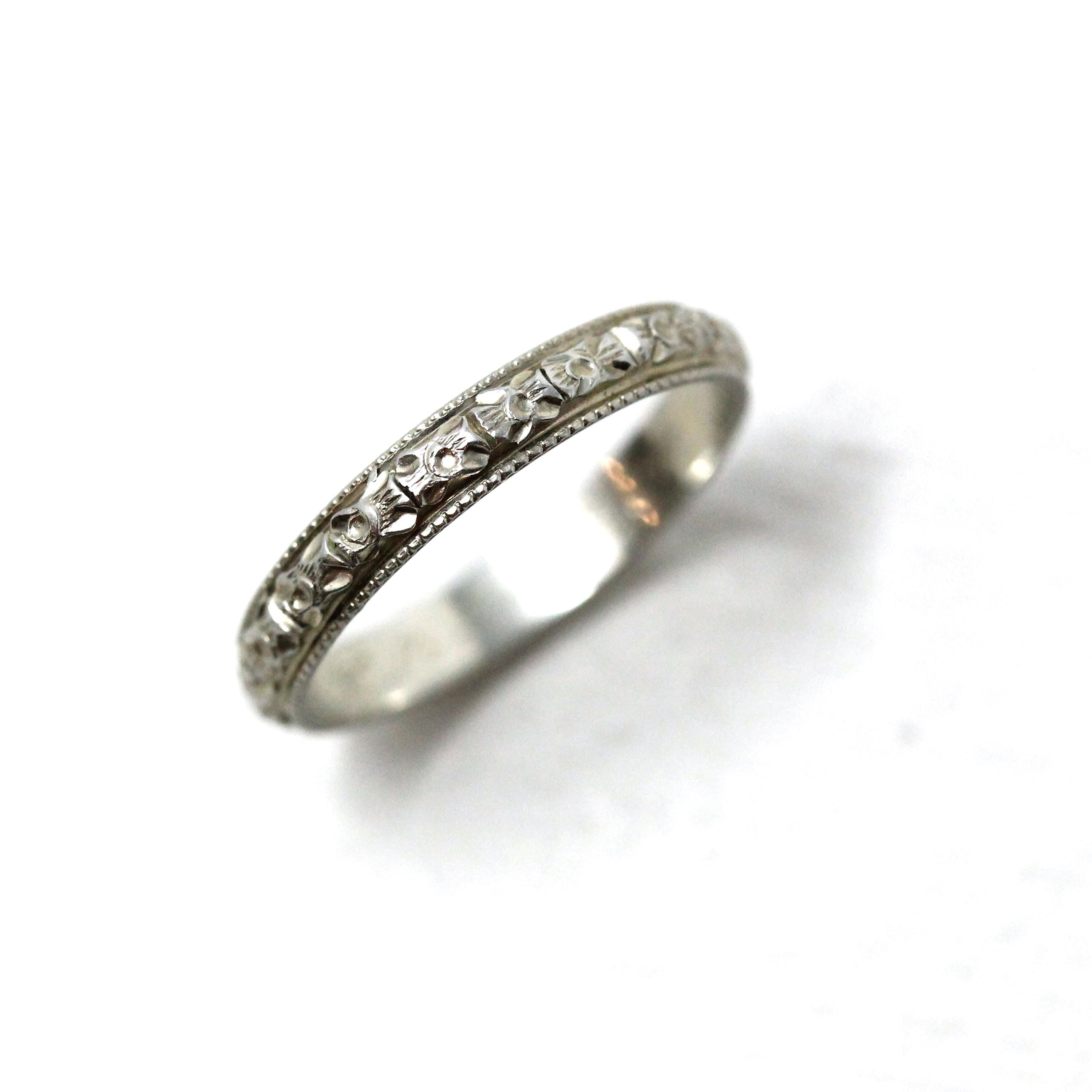 Floral Wedding Band - Vintage Art Deco 18k White Gold Flower Eternity Ring - Circa 1930s Era Size 6 3/4 Bridal Unisex Engraved Fine Jewelry
