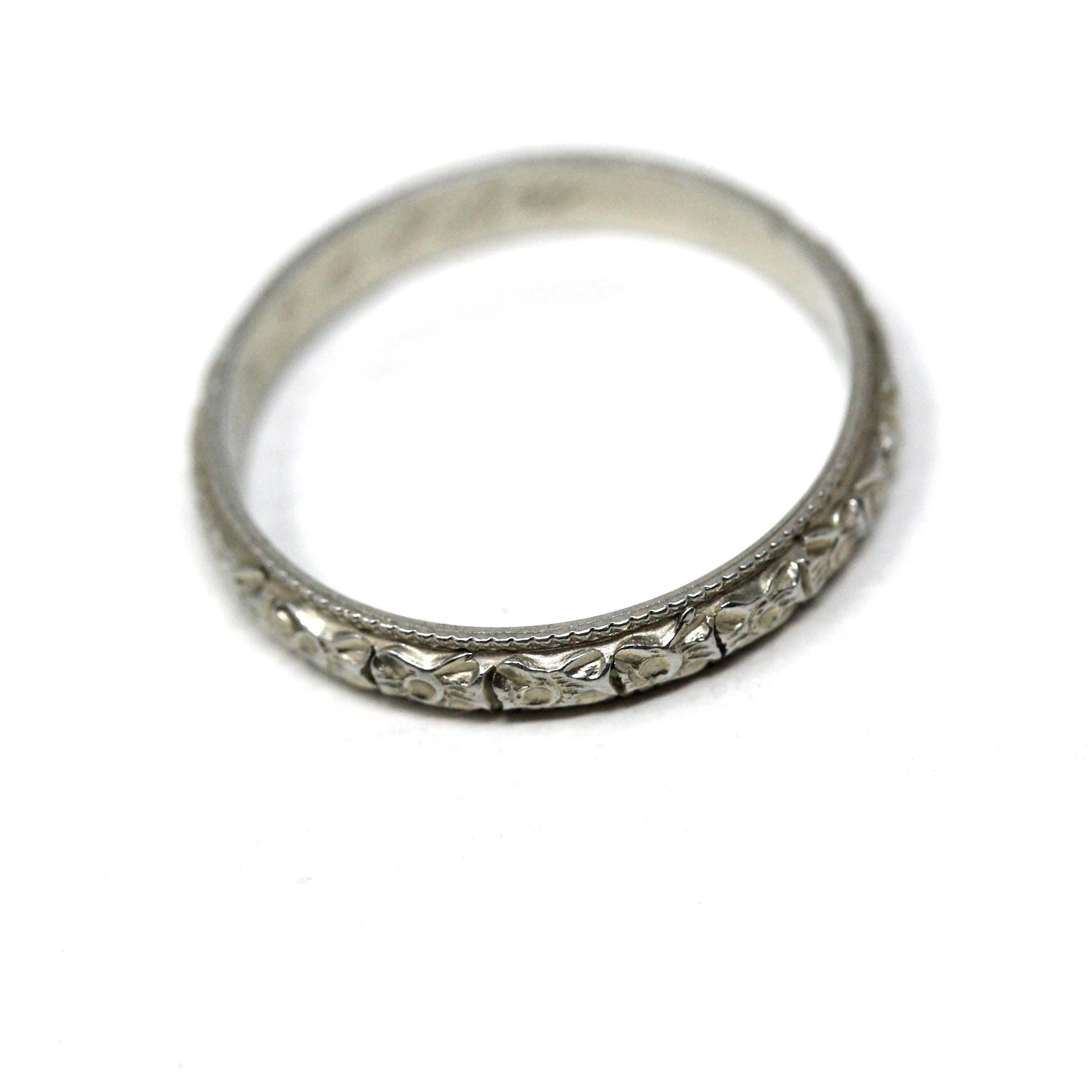 Floral Wedding Band - Vintage Art Deco 18k White Gold Flower Eternity Ring - Circa 1930s Era Size 6 3/4 Bridal Unisex Engraved Fine Jewelry