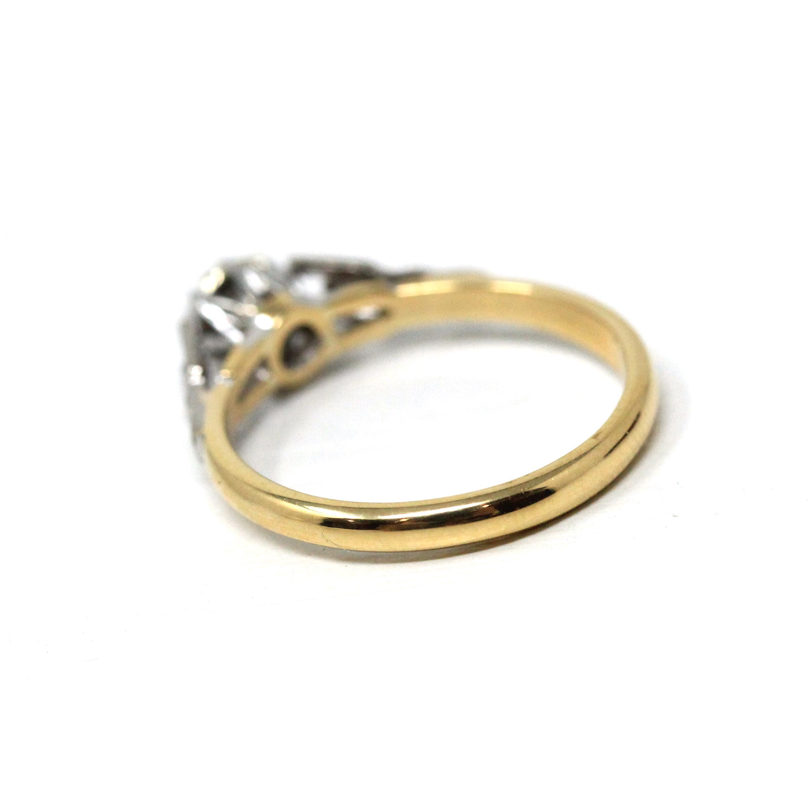 Star Diamond Ring - Retro Era English 18k Yellow Gold & Platinum Natural .10 CT Engagement Ring - Circa 1970s Size 5 3/4 Fine Bridal Jewelry