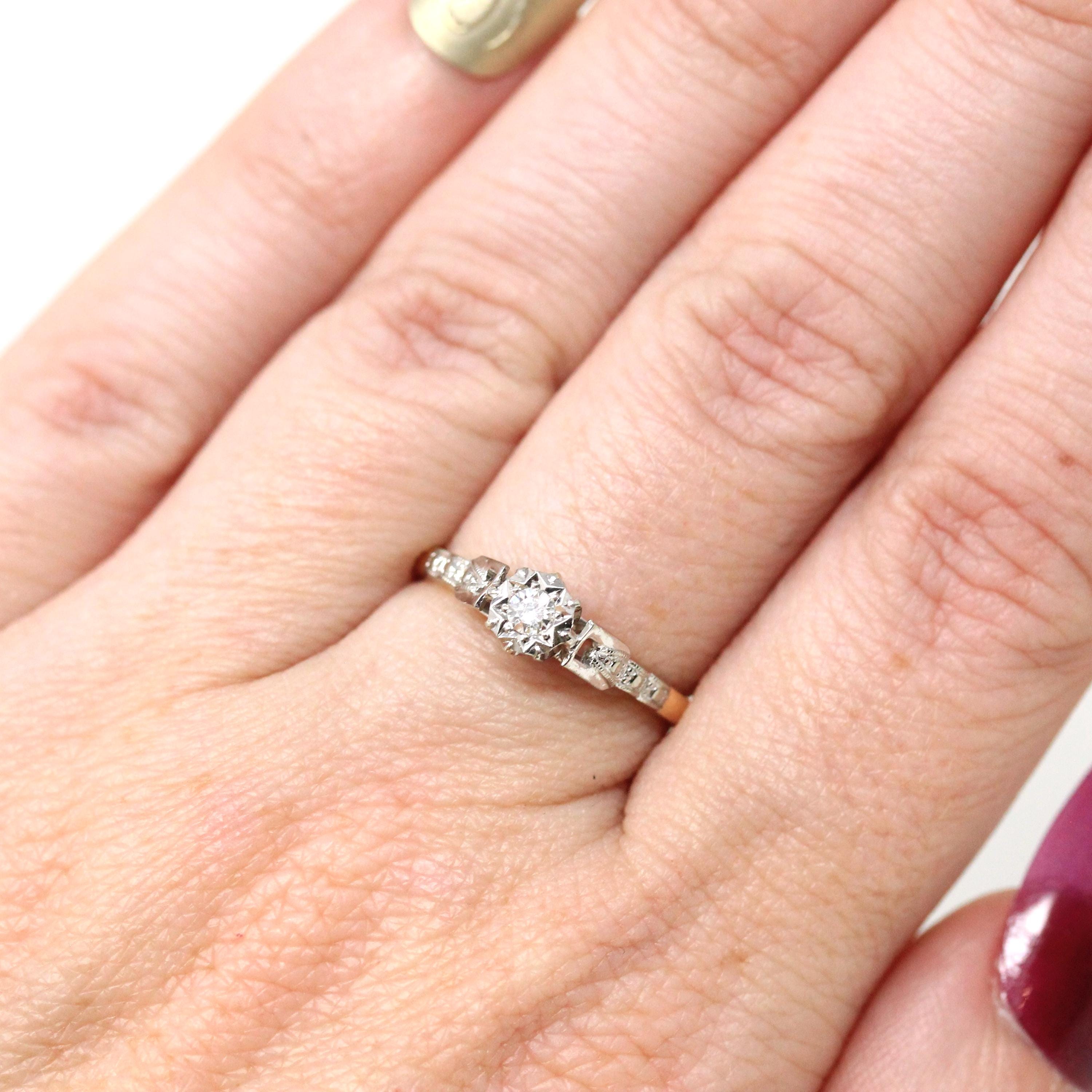 Star Diamond Ring - Retro Era English 18k Yellow Gold & Platinum Natural .10 CT Engagement Ring - Circa 1970s Size 5 3/4 Fine Bridal Jewelry