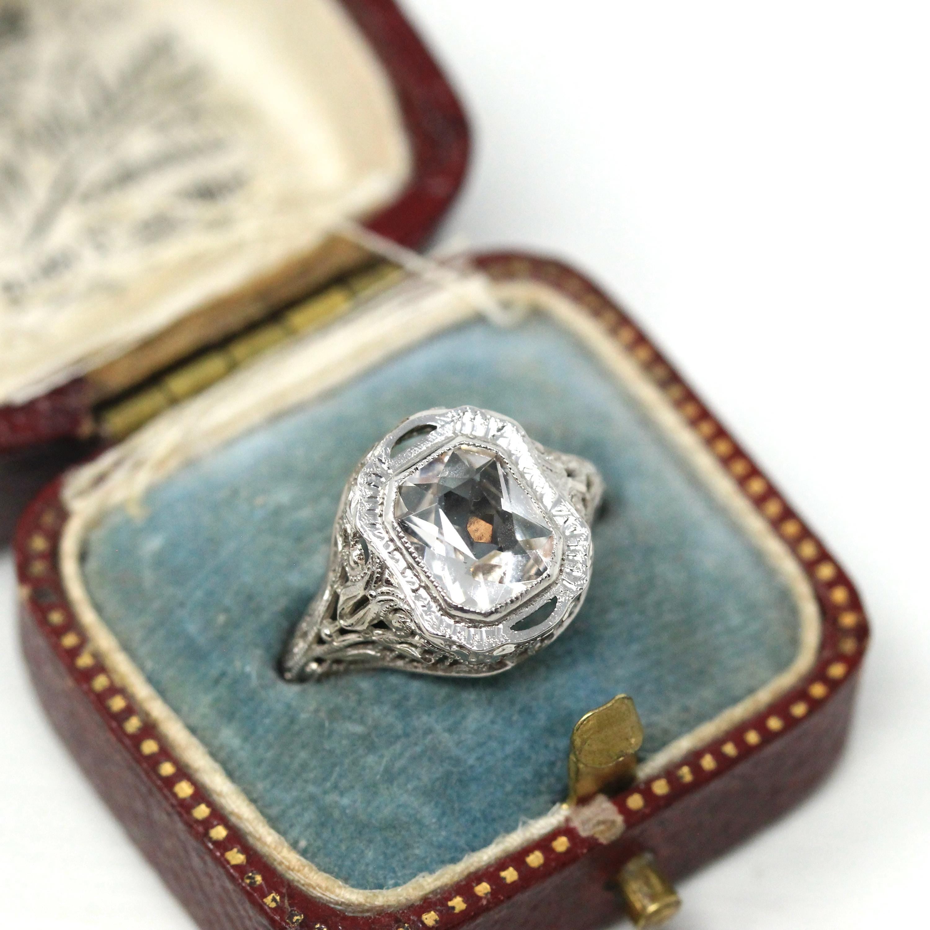 Antique Aquamarine Ring - Art Deco Era 14k White Gold Light Blue Gemstone - Vintage 1920s Size 5 1/4 Filigree Fine March Birthstone Jewelry