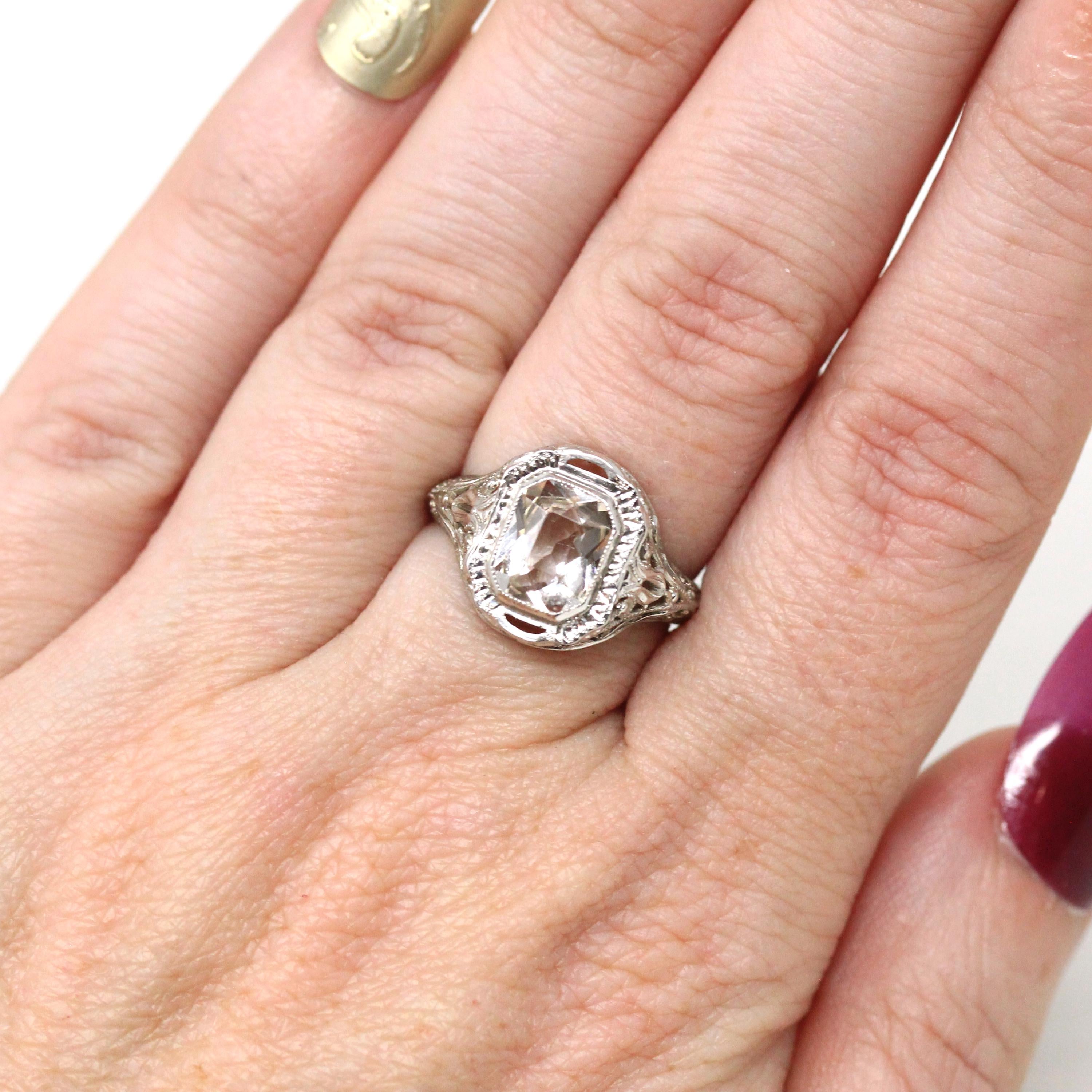 Antique Aquamarine Ring - Art Deco Era 14k White Gold Light Blue Gemstone - Vintage 1920s Size 5 1/4 Filigree Fine March Birthstone Jewelry