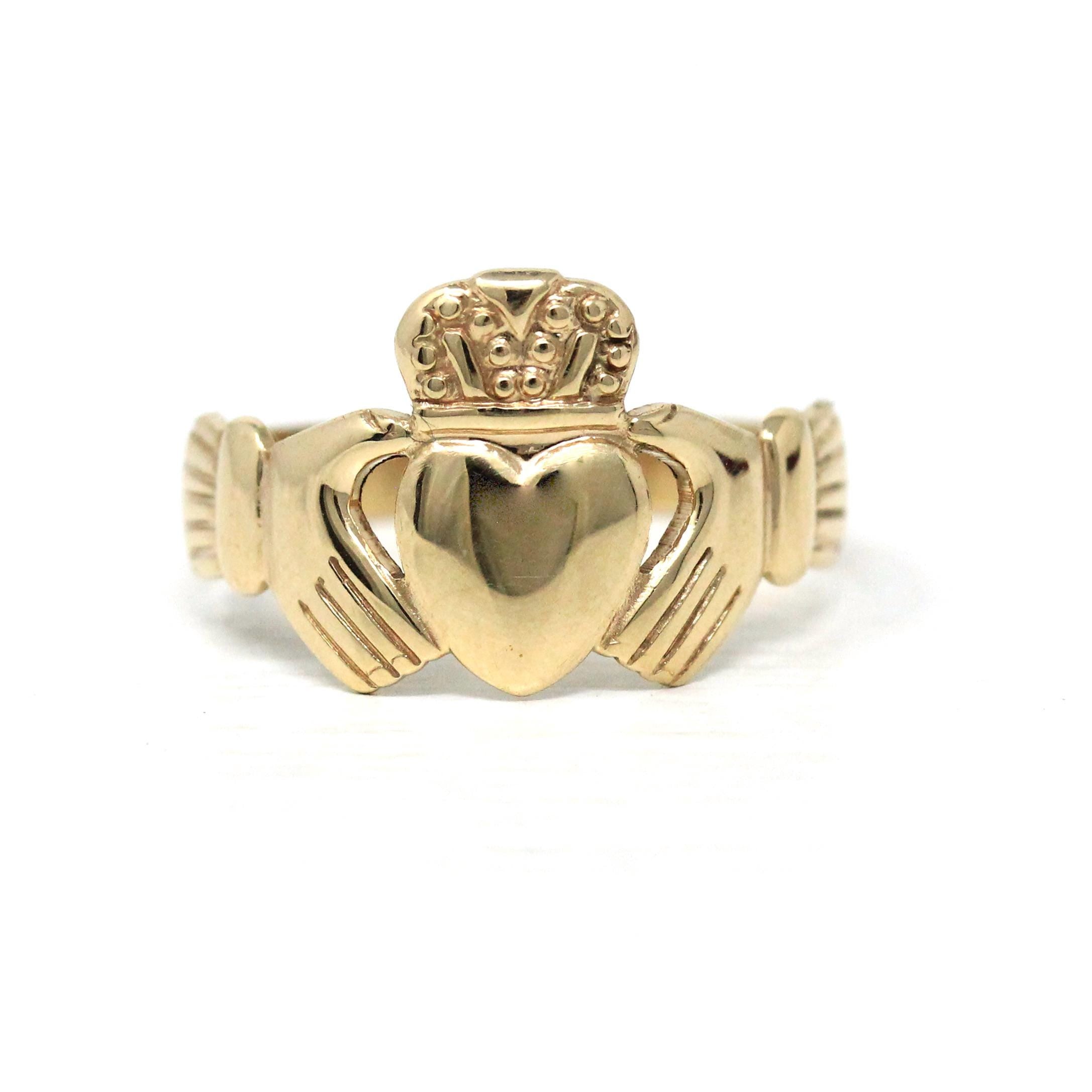 Vintage Claddagh Ring - Retro 9ct Yellow Gold Heart Clasped Hand Crown - Hallmarked 1987 Size 7 Friendship Love Loyalty Fine Irish Jewelry