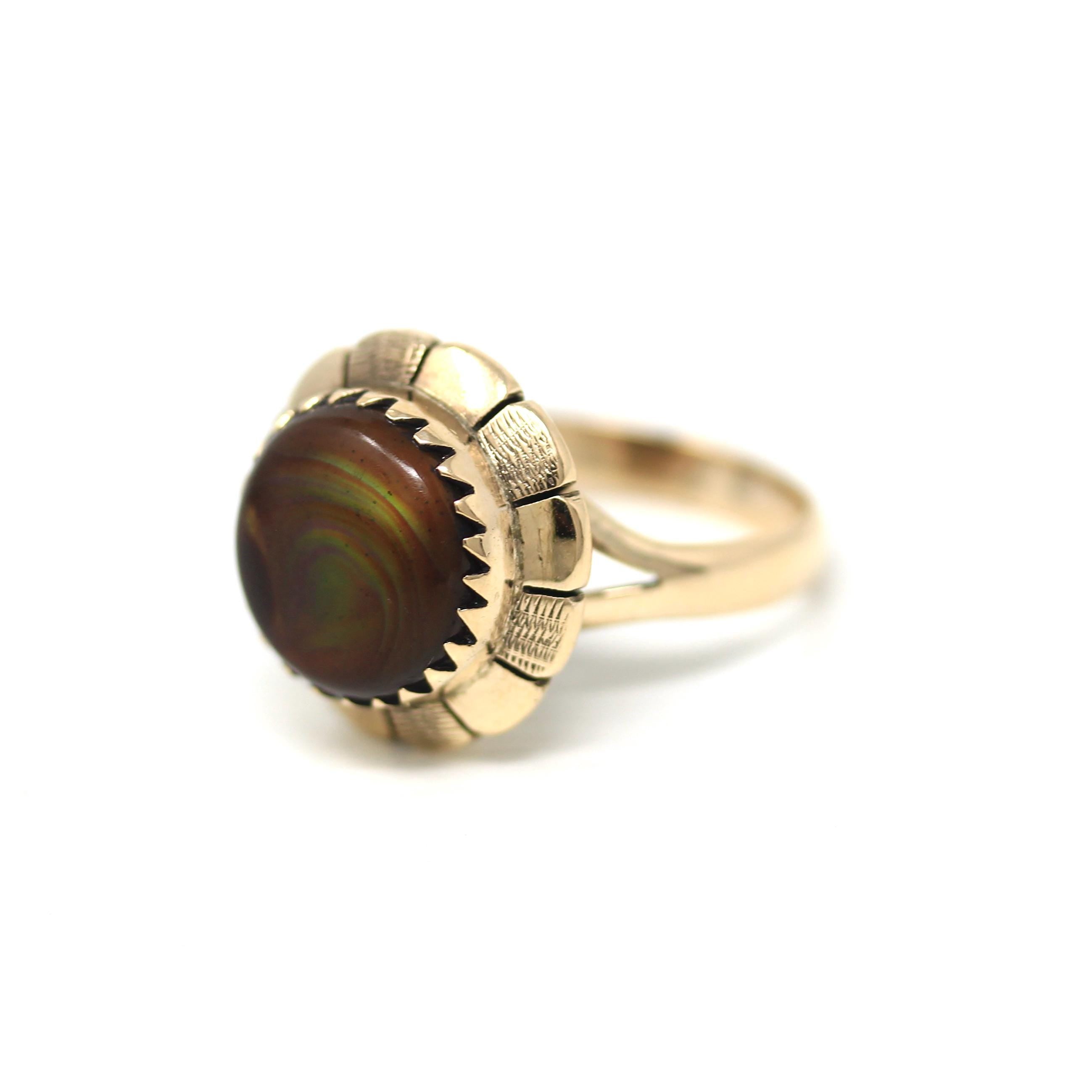 Vintage Fire Agate Ring - Retro 14k Yellow Gold Iridescent Brown Statement - Circa 1960s Size 6 1/4 Daisy Flower Solitaire 60s Fine Jewelry