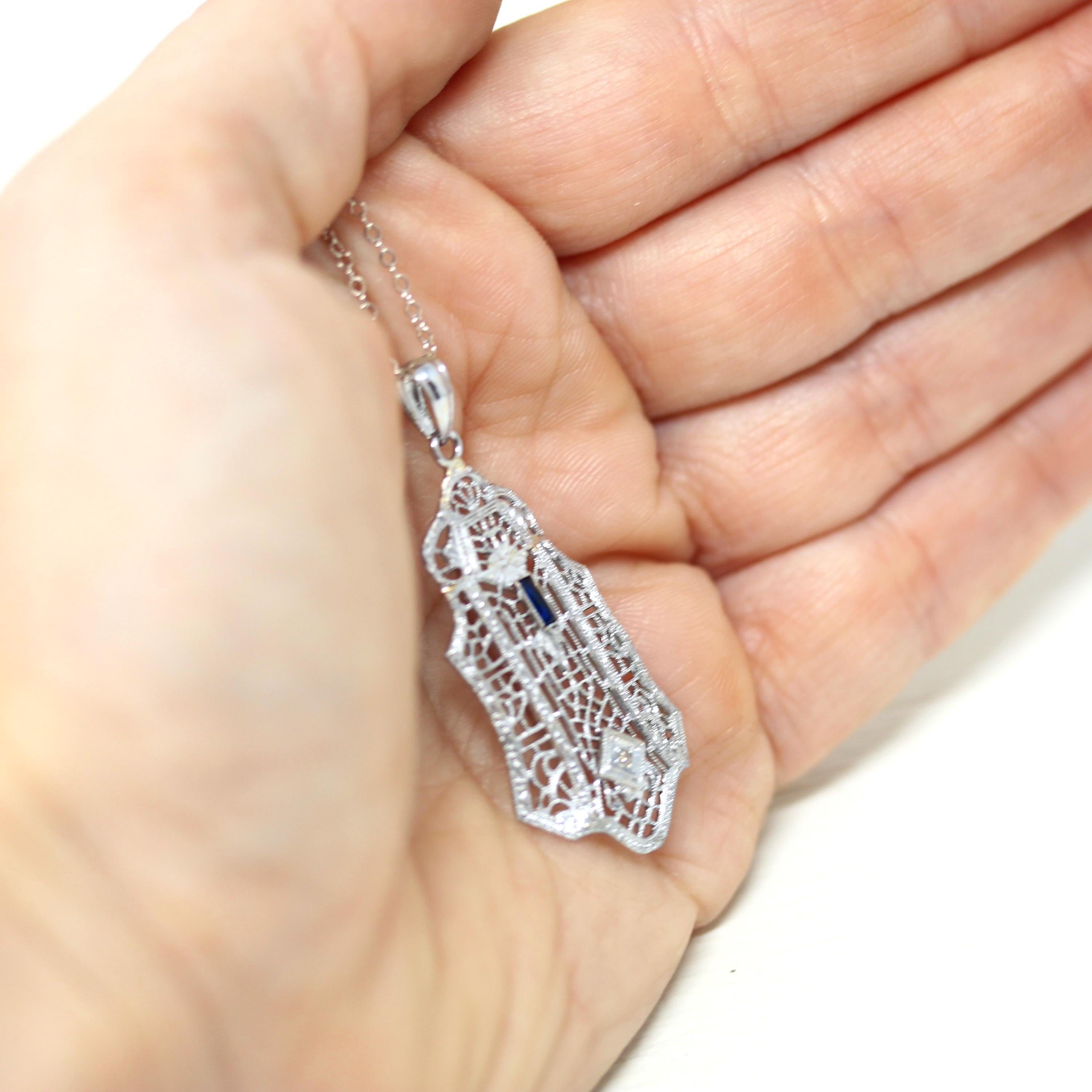 Art Deco Filigree Necklace - Vintage 10k White Gold Natural Diamond Blue Glass Pendant - Circa 1930s Statement Filigree Fine Fashion Jewelry