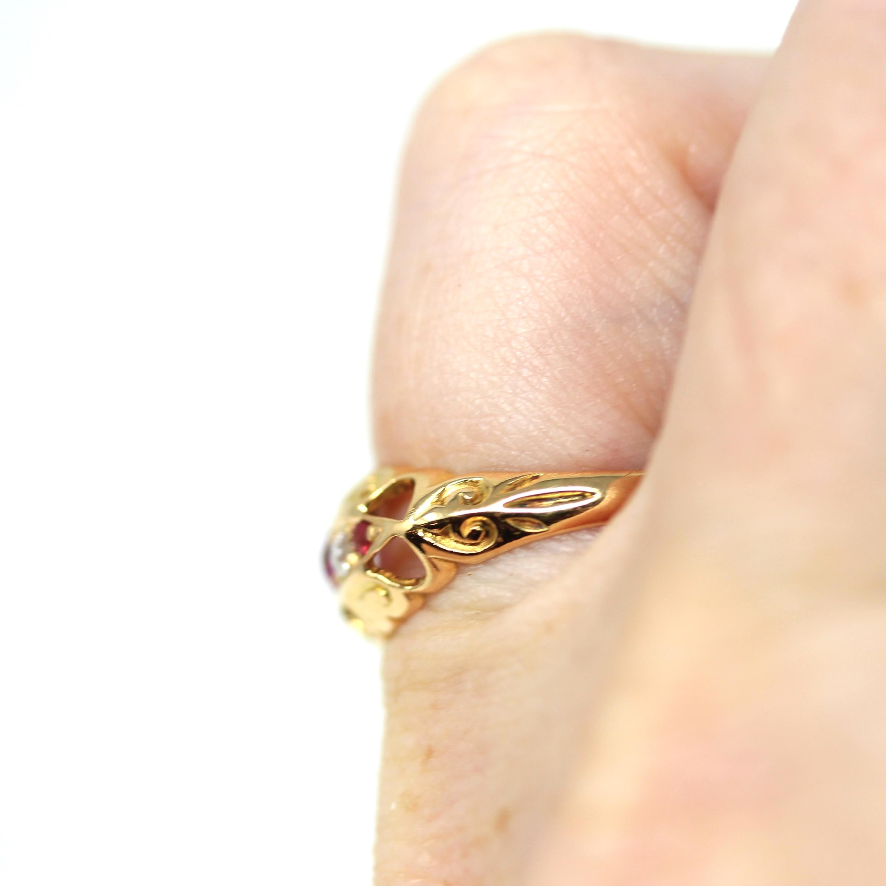 Antique Ruby & Diamond Ring - Edwardian 18k Yellow Gold Red Gemstone Anniversary Band - Circa 1900s Size 5 1/2 Fine English Bridal Jewelry