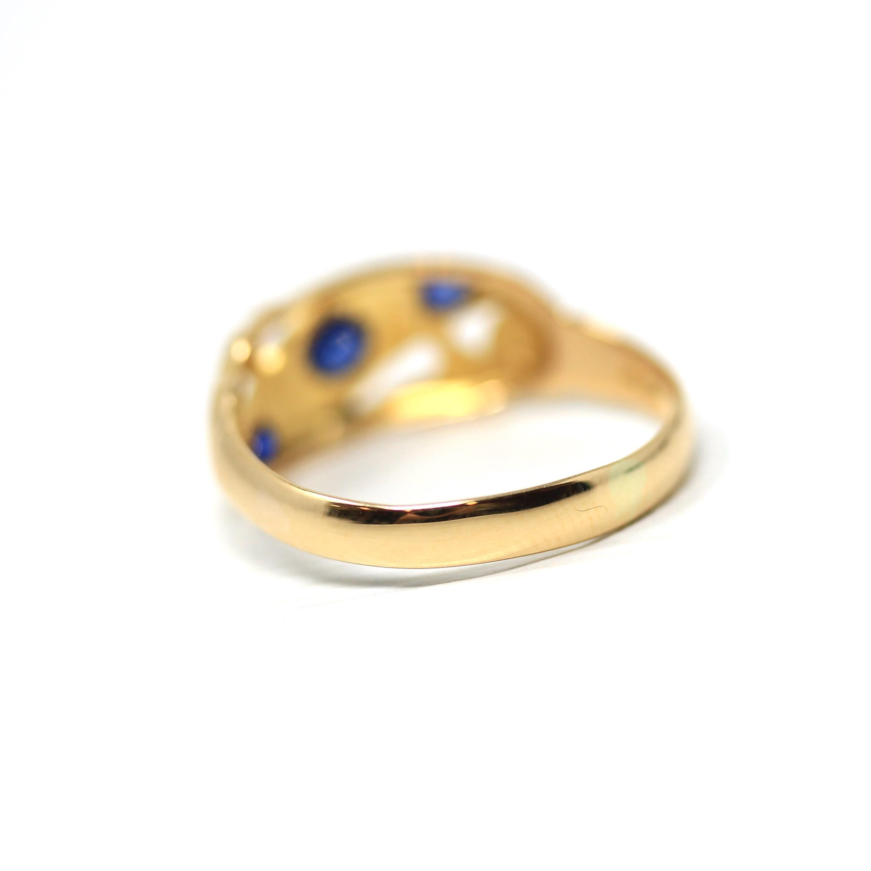 Antique Sapphire & Diamond Ring - Edwardian 18k Yellow Gold Blue Gemstone Band - Hallmark Date 1915 London England Size 6.5 Fine Jewelry