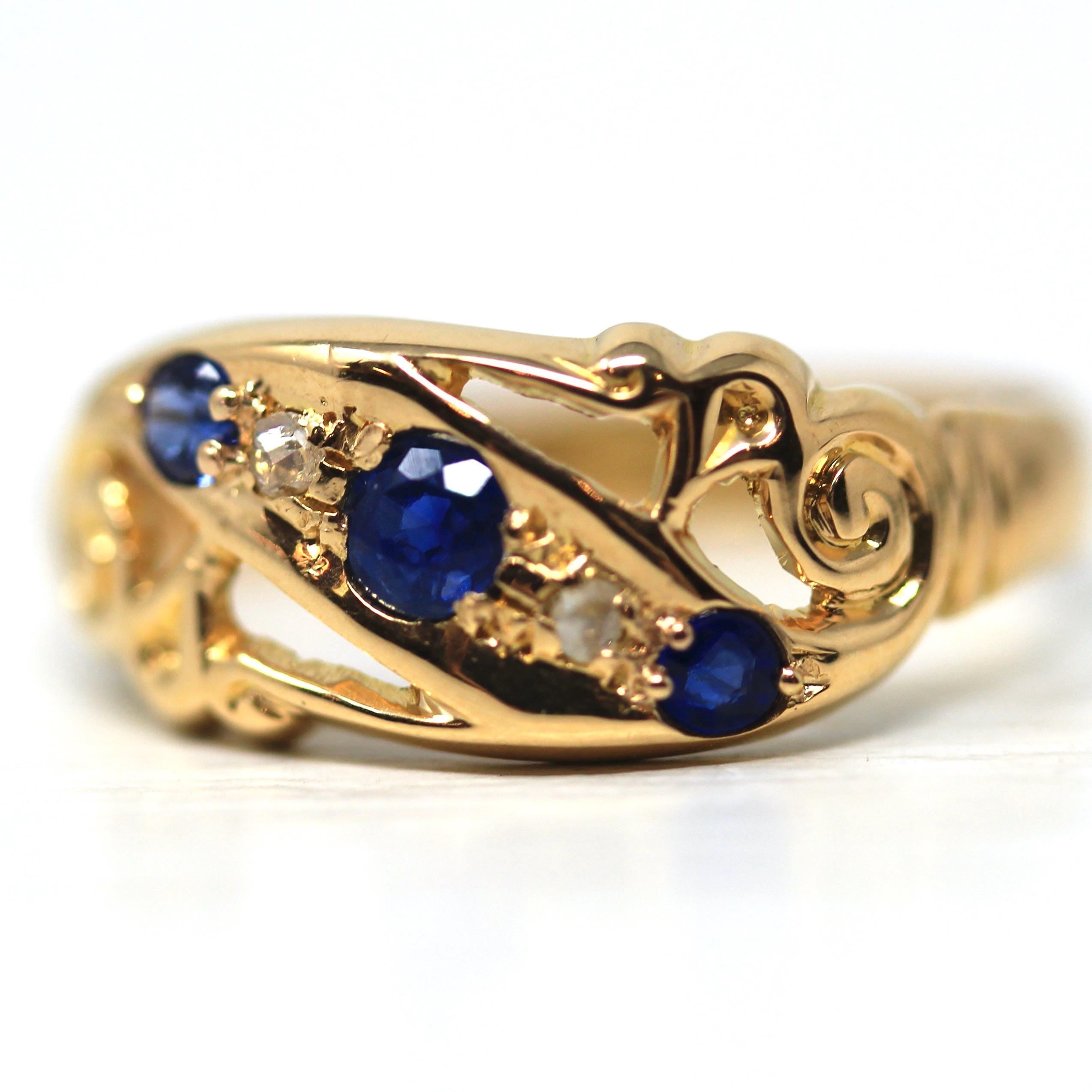 Antique Sapphire & Diamond Ring - Edwardian 18k Yellow Gold Blue Gemstone Band - Hallmark Date 1915 London England Size 6.5 Fine Jewelry