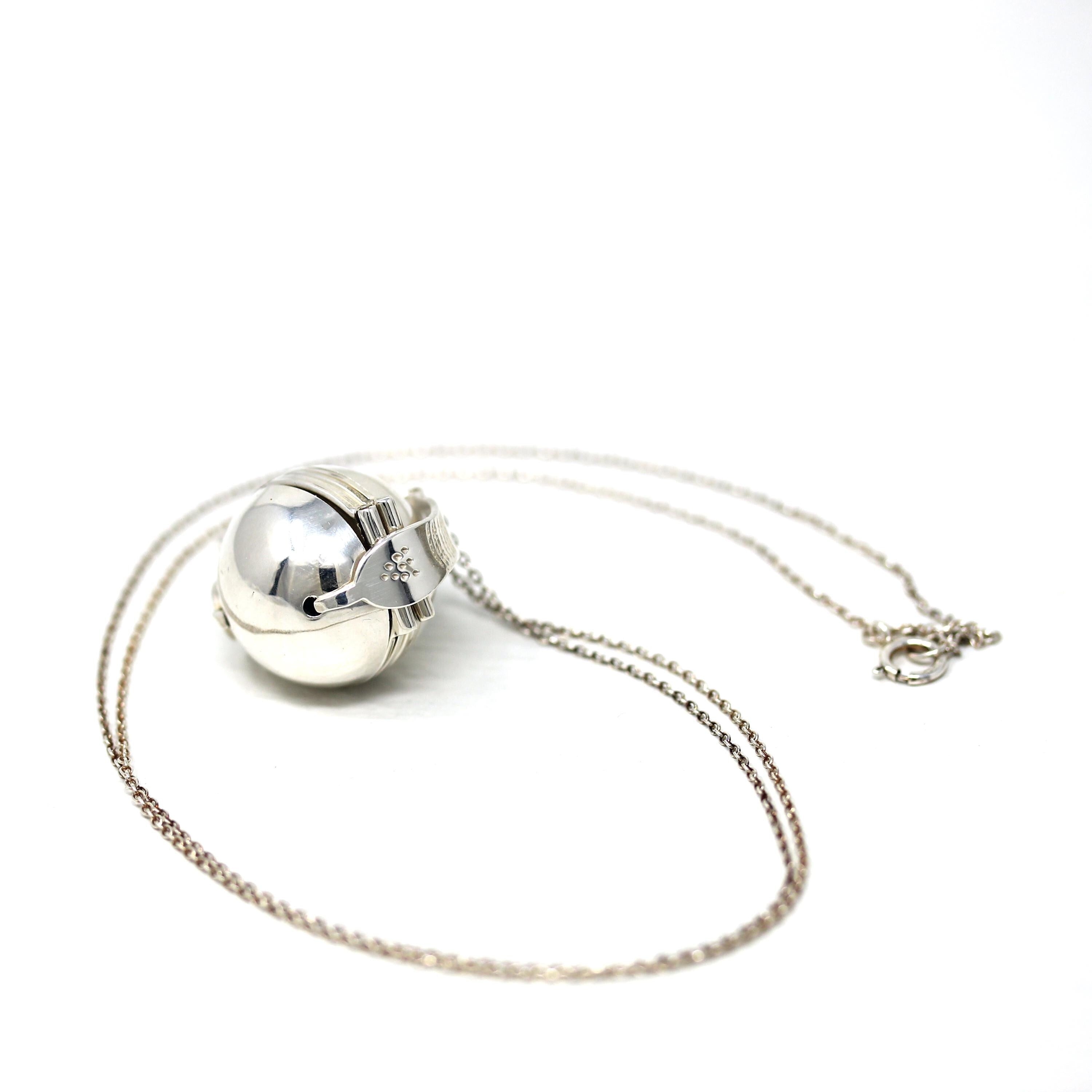 Estate Ball Locket - Modern Sterling Silver Expanding Globe Fob Necklace - Vintage Hinged Compartment Sphere Pendant Open Metal Orb Jewelry