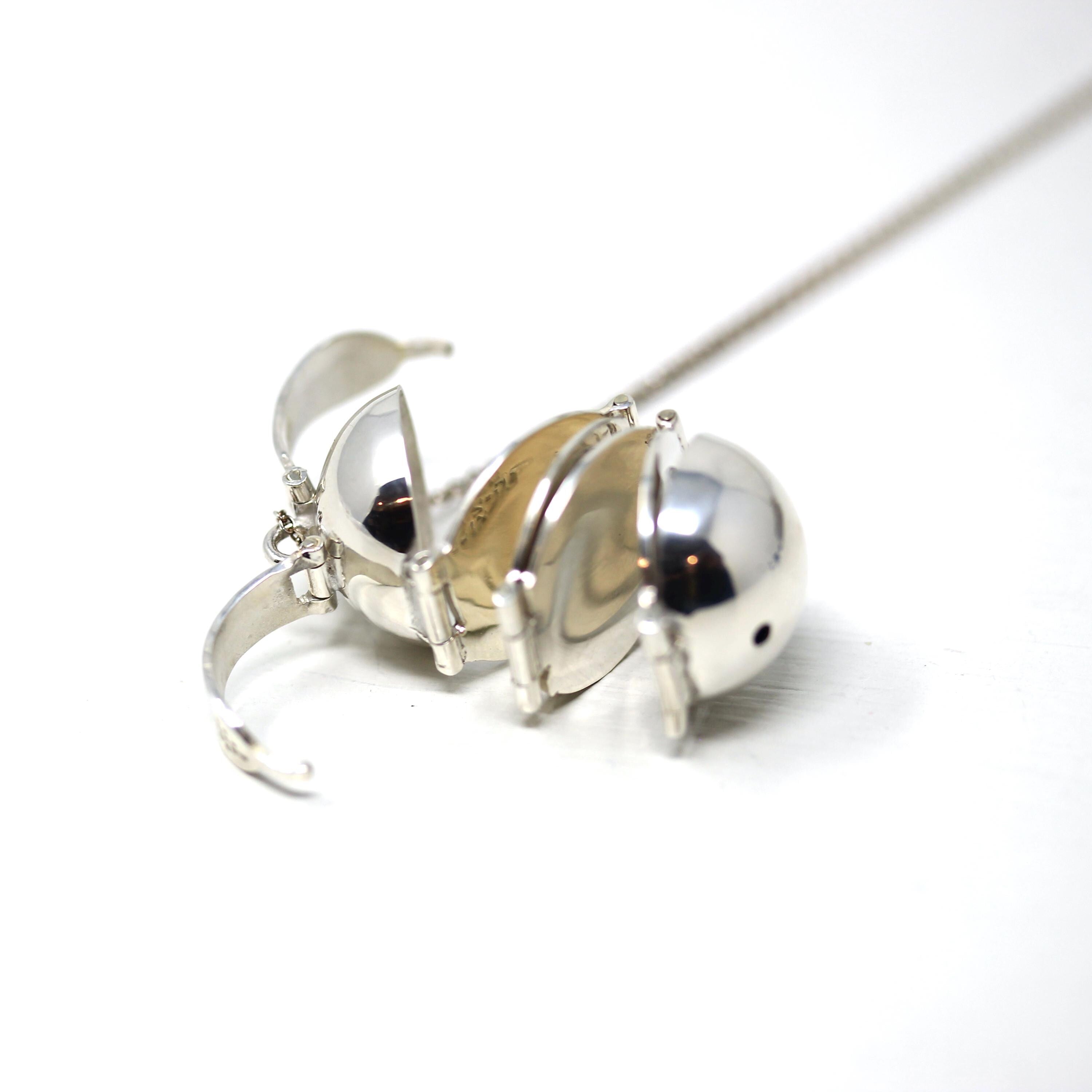 Estate Ball Locket - Modern Sterling Silver Expanding Globe Fob Necklace - Vintage Hinged Compartment Sphere Pendant Open Metal Orb Jewelry