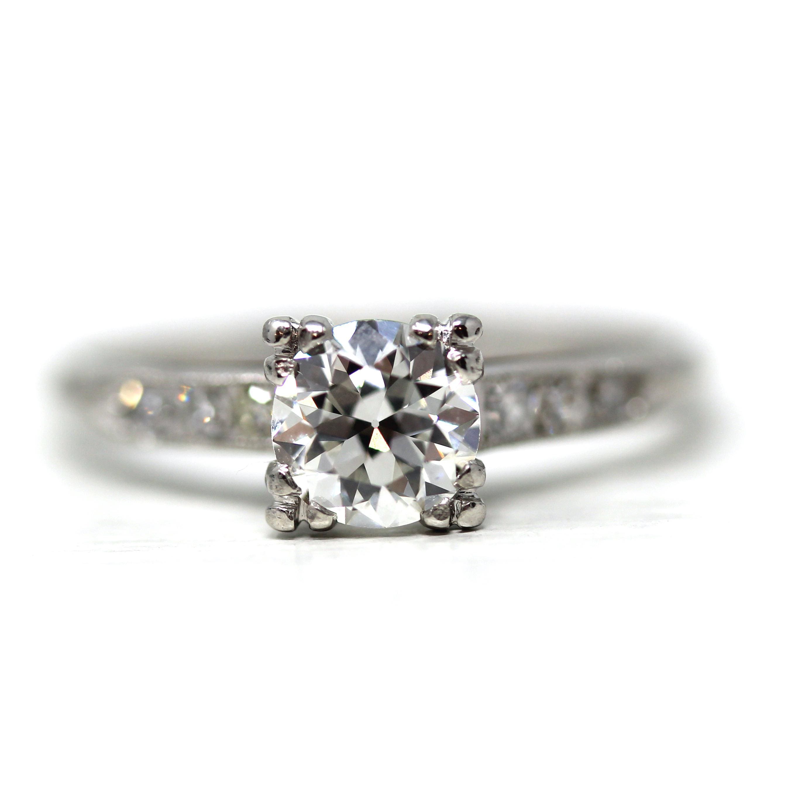 Vintage Engagement Ring - Platinum Old European Cut .89 CTW Natural Diamond - Size 7 Mid Century 1950s Era Fine Report Jewelry