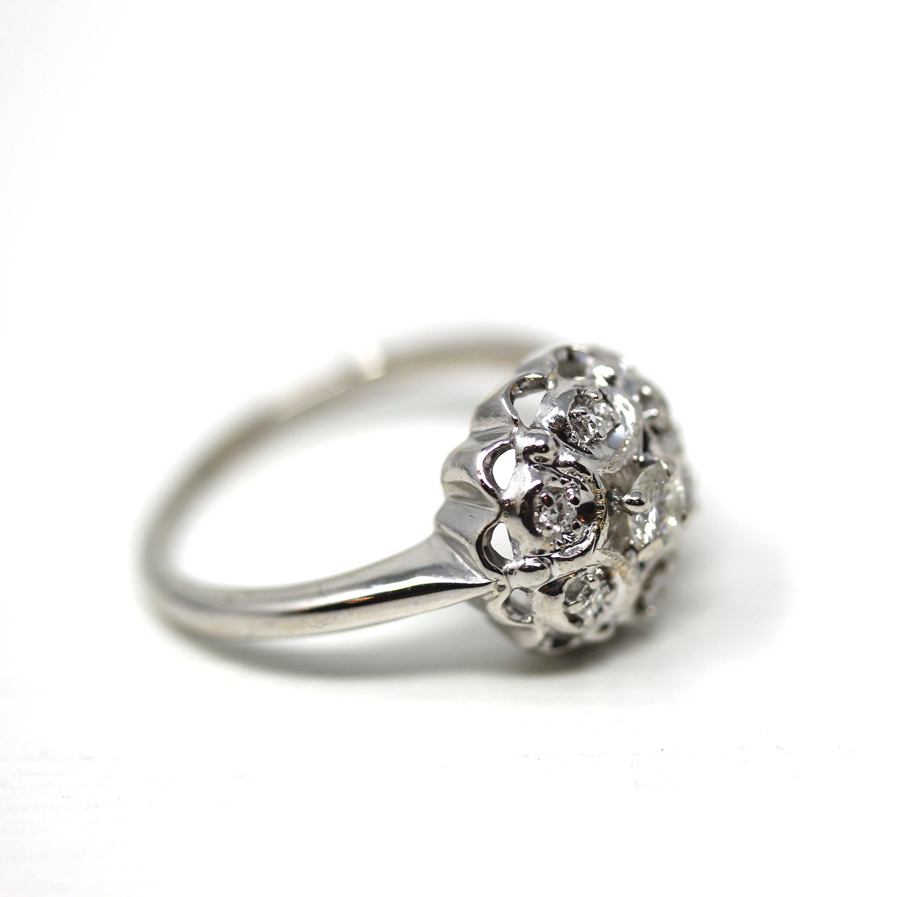 Diamond Cluster Ring - Mid Century 14k White Gold Genuine Natural Gemstones - Vintage Circa 1950s Size 7 Bridal Flower Halo Fine 50s Jewelry