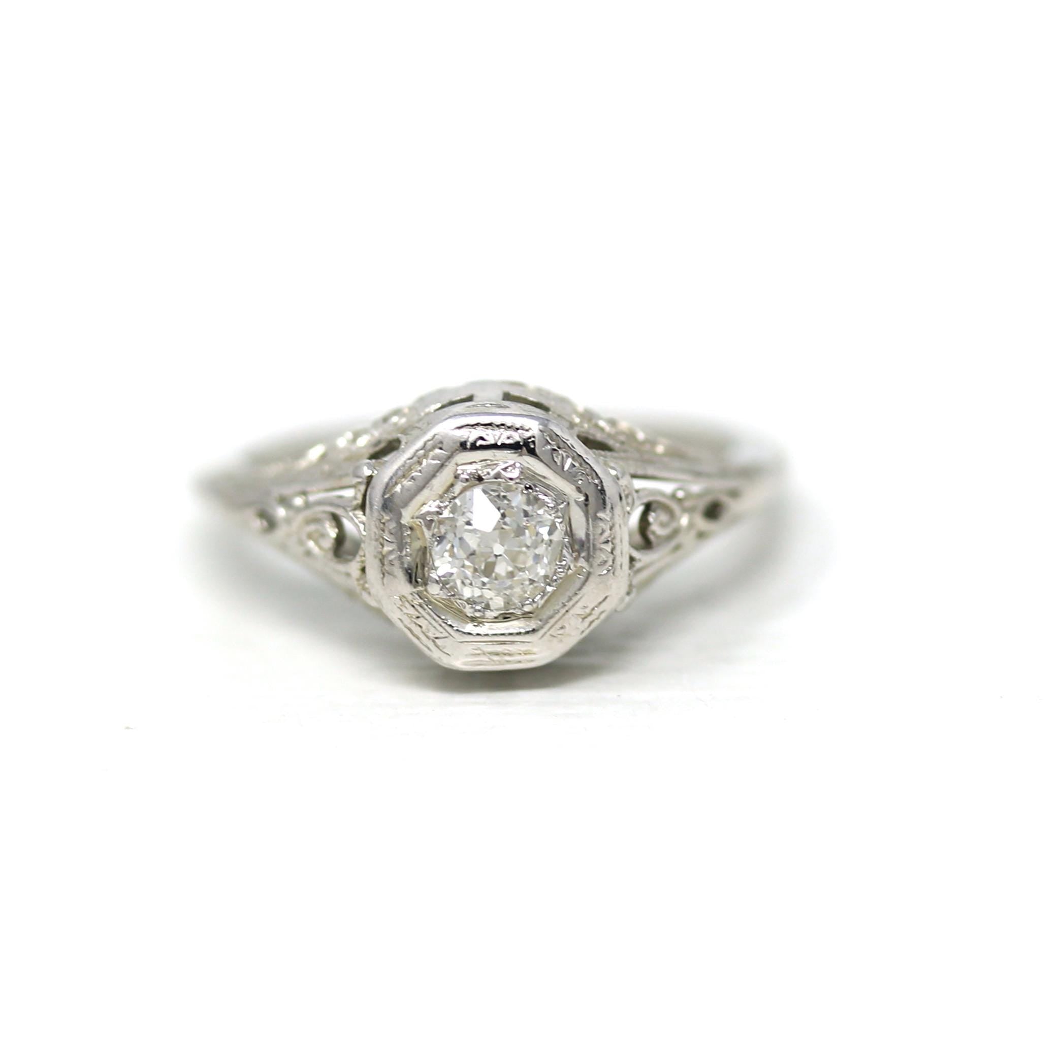 Vintage Diamond Ring - Art Deco 18k White Gold Natural Gemstone Solitaire - Circa 1930s Era Size 5 1/4 Filigree Octagonal Fine 30s Jewelry