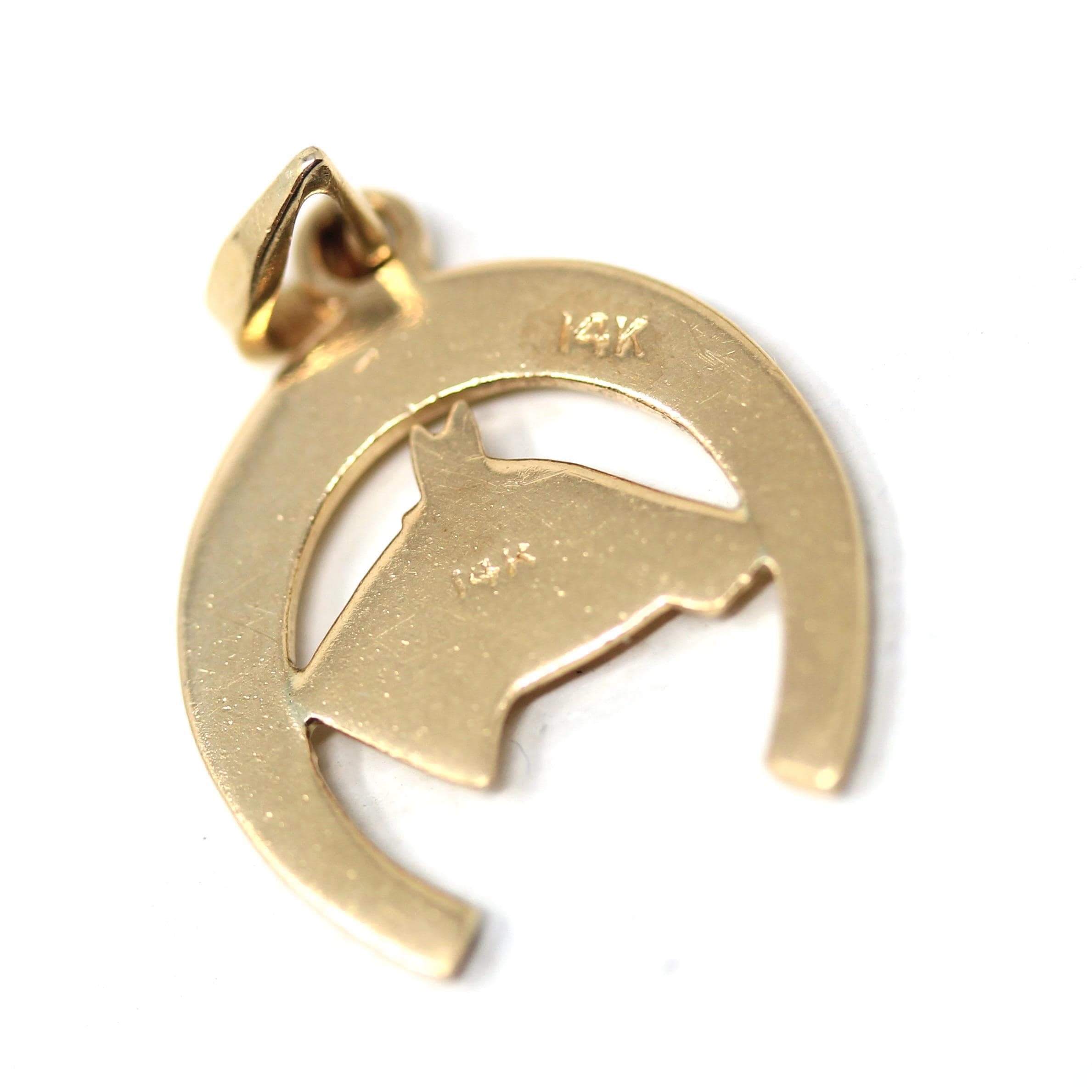 Vintage Equestrian Charm - Modern Estate 14k Yellow Gold Dainty Figural Equine Horse & Shoe Pendant Necklace - Circa 2000s Fine Y2K Jewelry