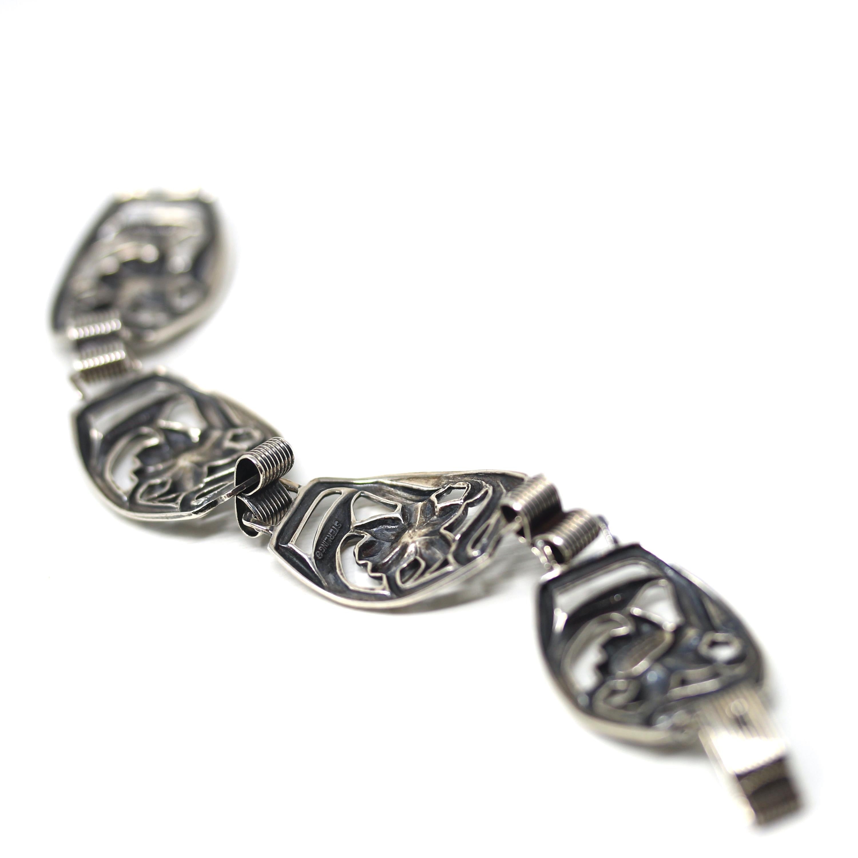 Vintage Flower Bracelet - Retro Sterling Silver Floral Panel Link Statement Chain - Circa 1940s Collectible Signed Danecraft Lily Jewelry