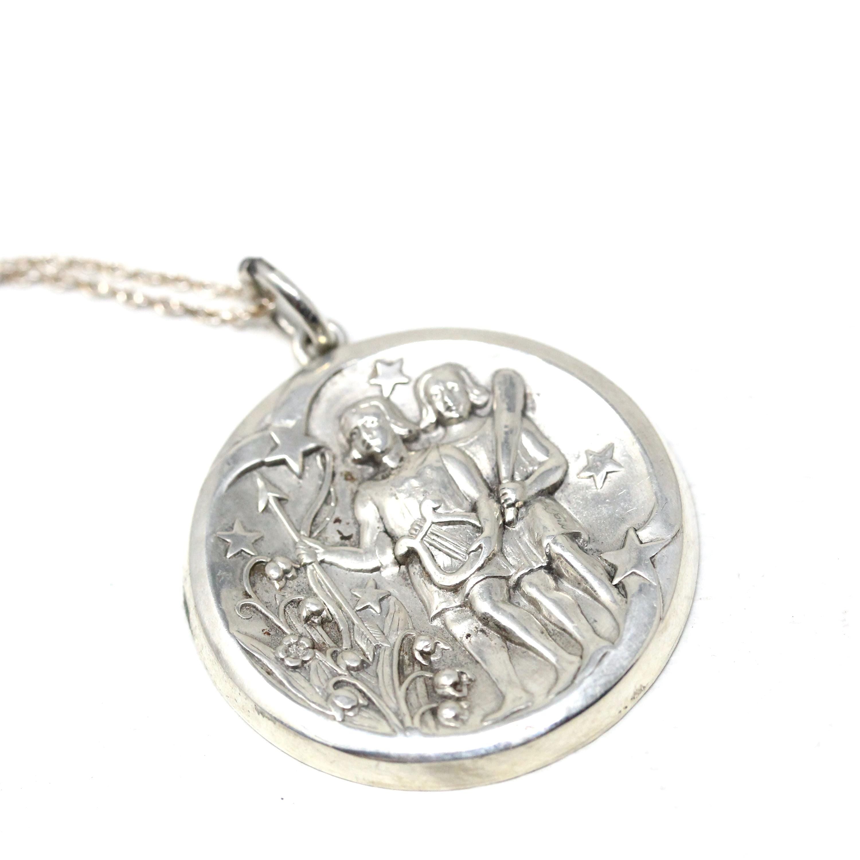 Vintage Gemini Pendant - Retro Era Sterling Silver Raised Hollow Design Twins Round Pendant - Circa 1960s Georg Jensen 306 Zodiac Jewelry