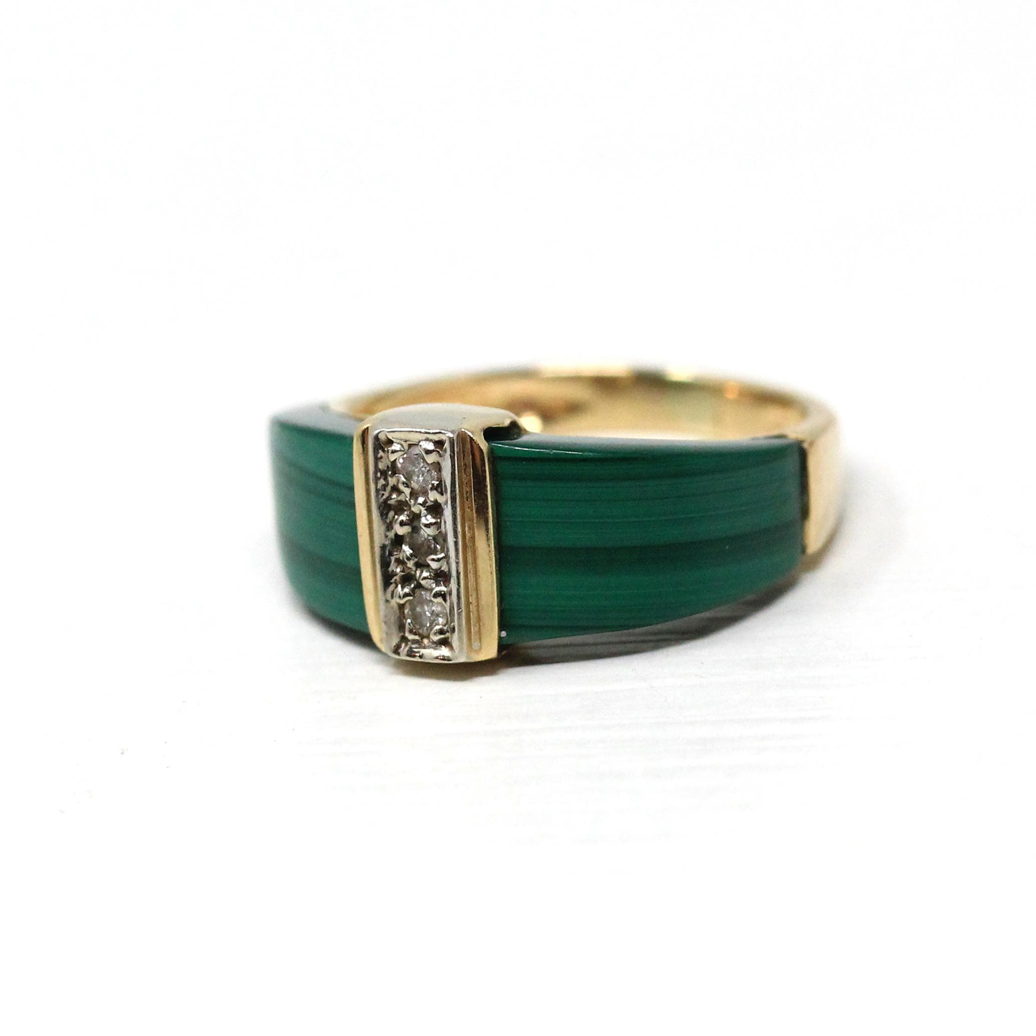Vintage Malachite Ring - Retro 14k Yellow Gold Natural Green Gemstone Genuine Diamond - Circa 1970s Size 4 3/4 Statement Fine 70s Jewelry
