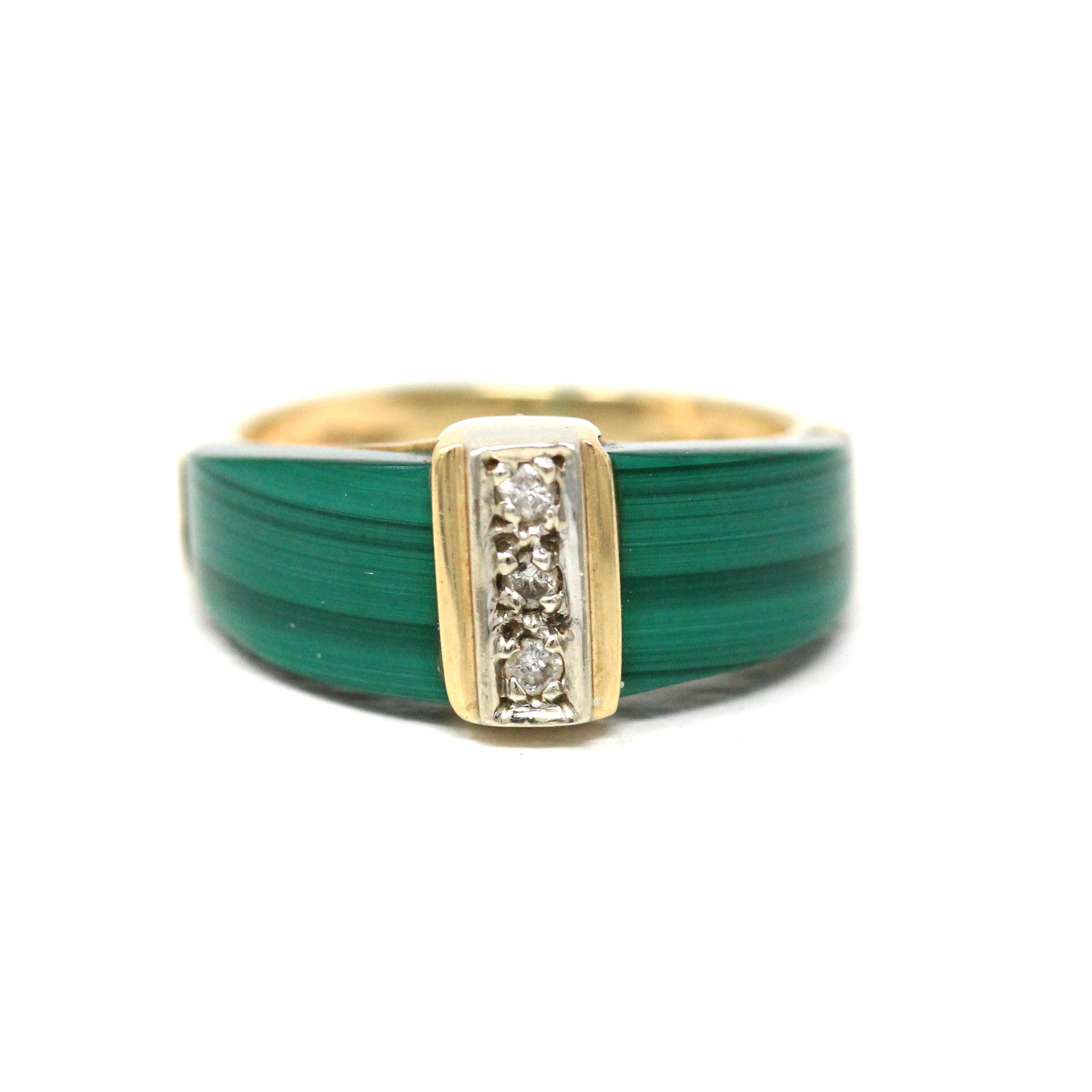 Vintage Malachite Ring - Retro 14k Yellow Gold Natural Green Gemstone Genuine Diamond - Circa 1970s Size 4 3/4 Statement Fine 70s Jewelry