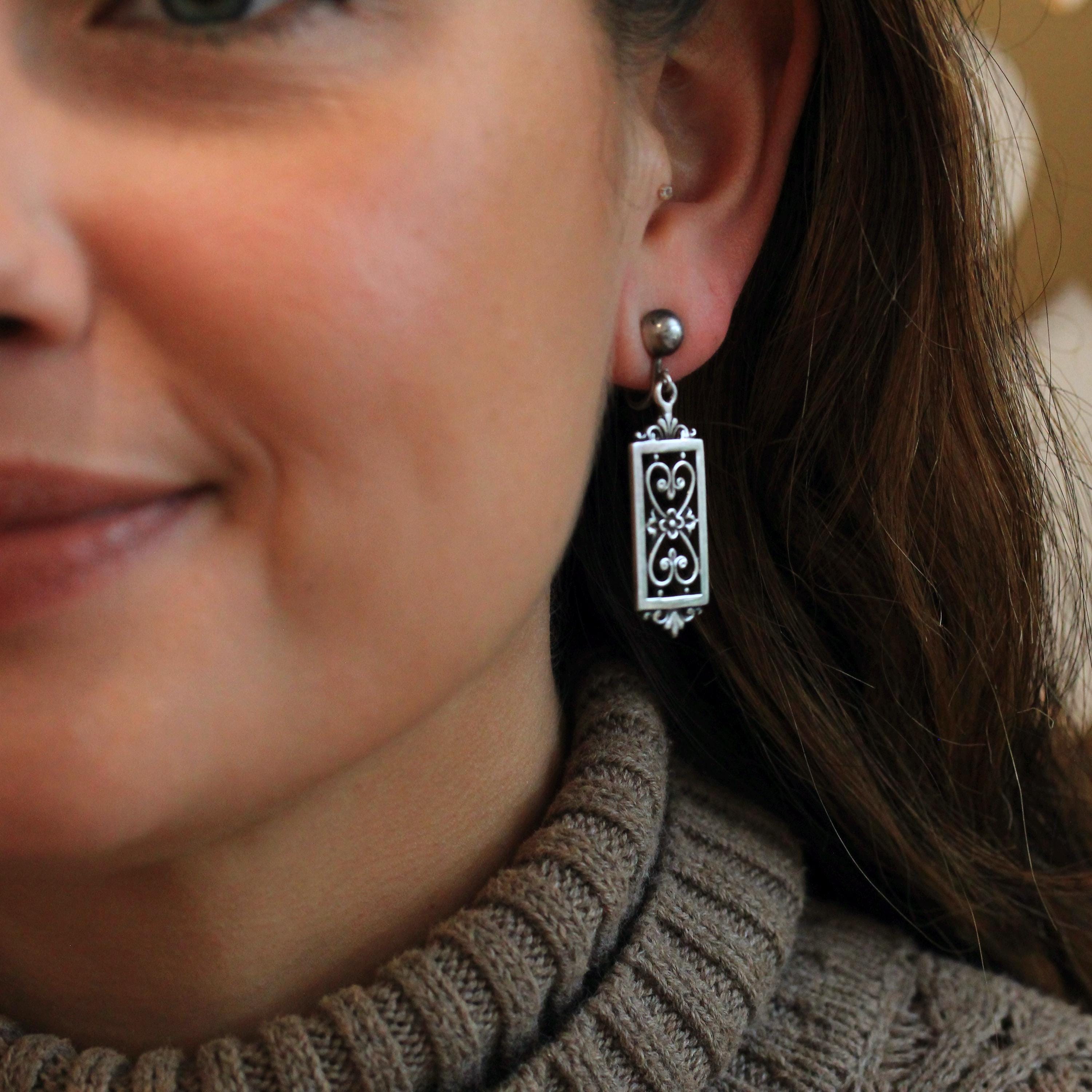 Vintage Floral Earrings - Retro Sterling Silver Dangle Drop Non-Pierced Screw Backs- Circa 1960s Era Open Metal Filigree Flower 60's Jewelry