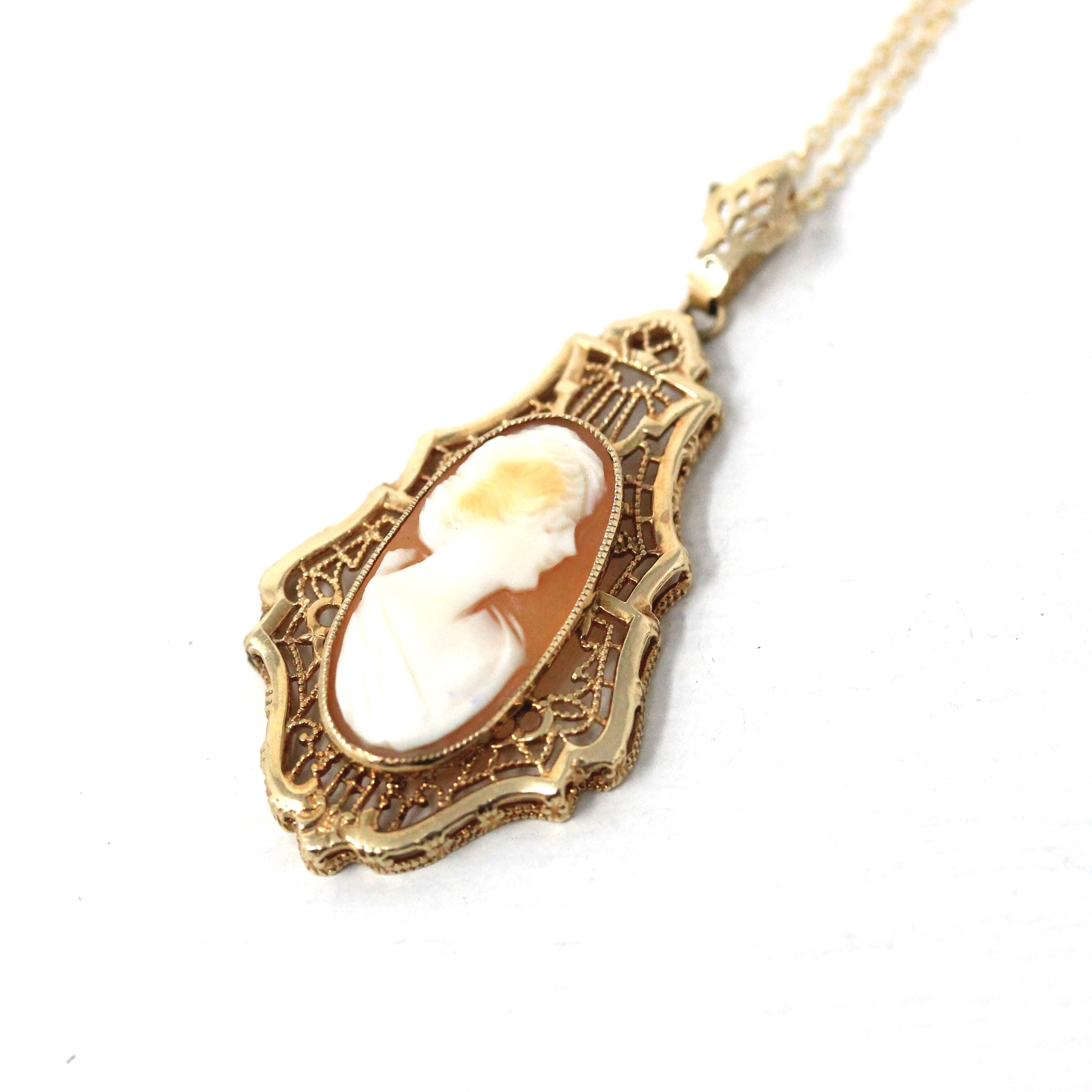 Vintage Cameo Necklace - Retro 10k Yellow Gold Oval Carved Shell Flower Pendant Charm - Circa 1940s Era Statement Fine Esemco 40s Jewelry