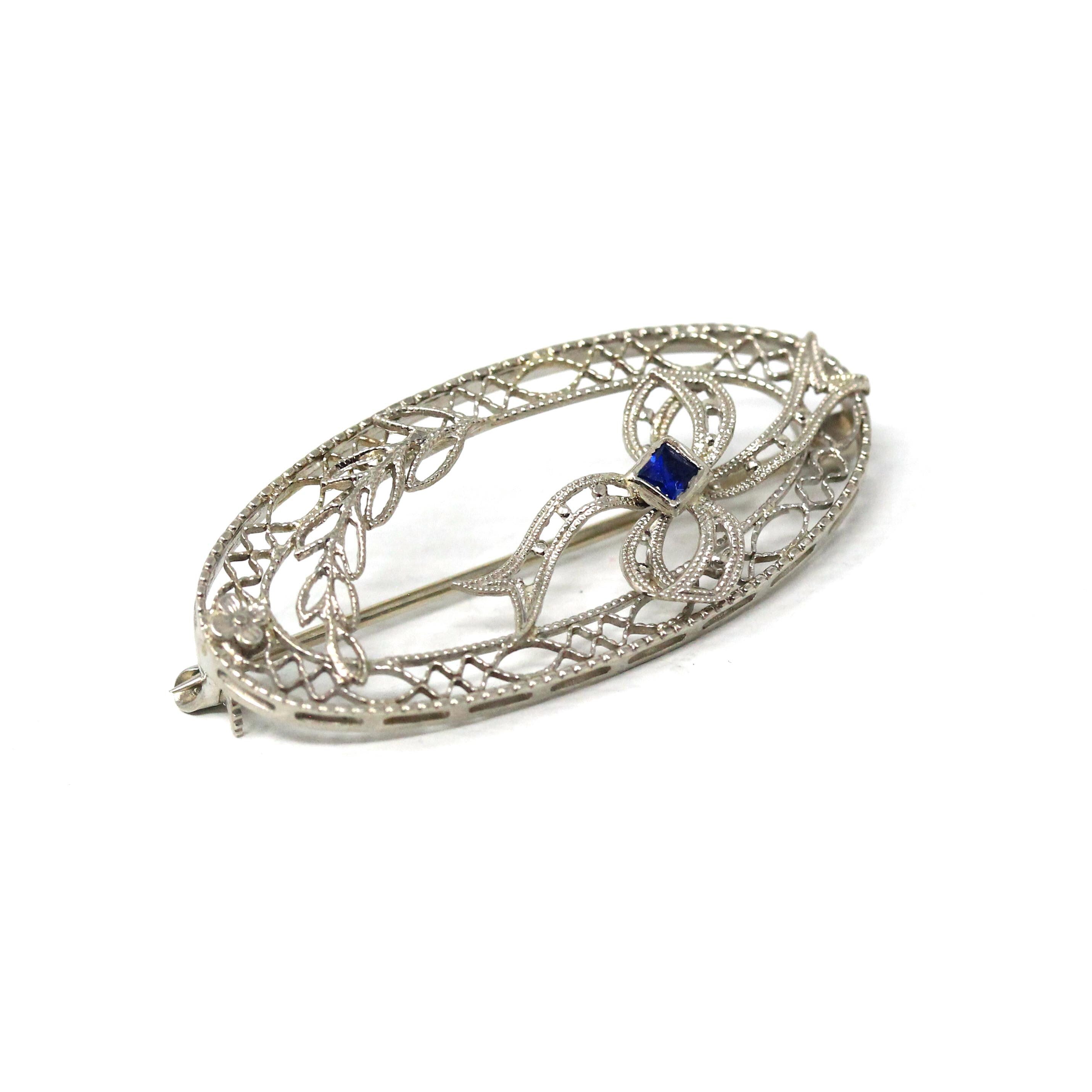 Art Deco Brooch - Vintage 14k White Gold Filigree Bow Ribbon Motif Statement Pin - Circa 1930s Era Created Sapphire Fine Oval 30s Jewelry