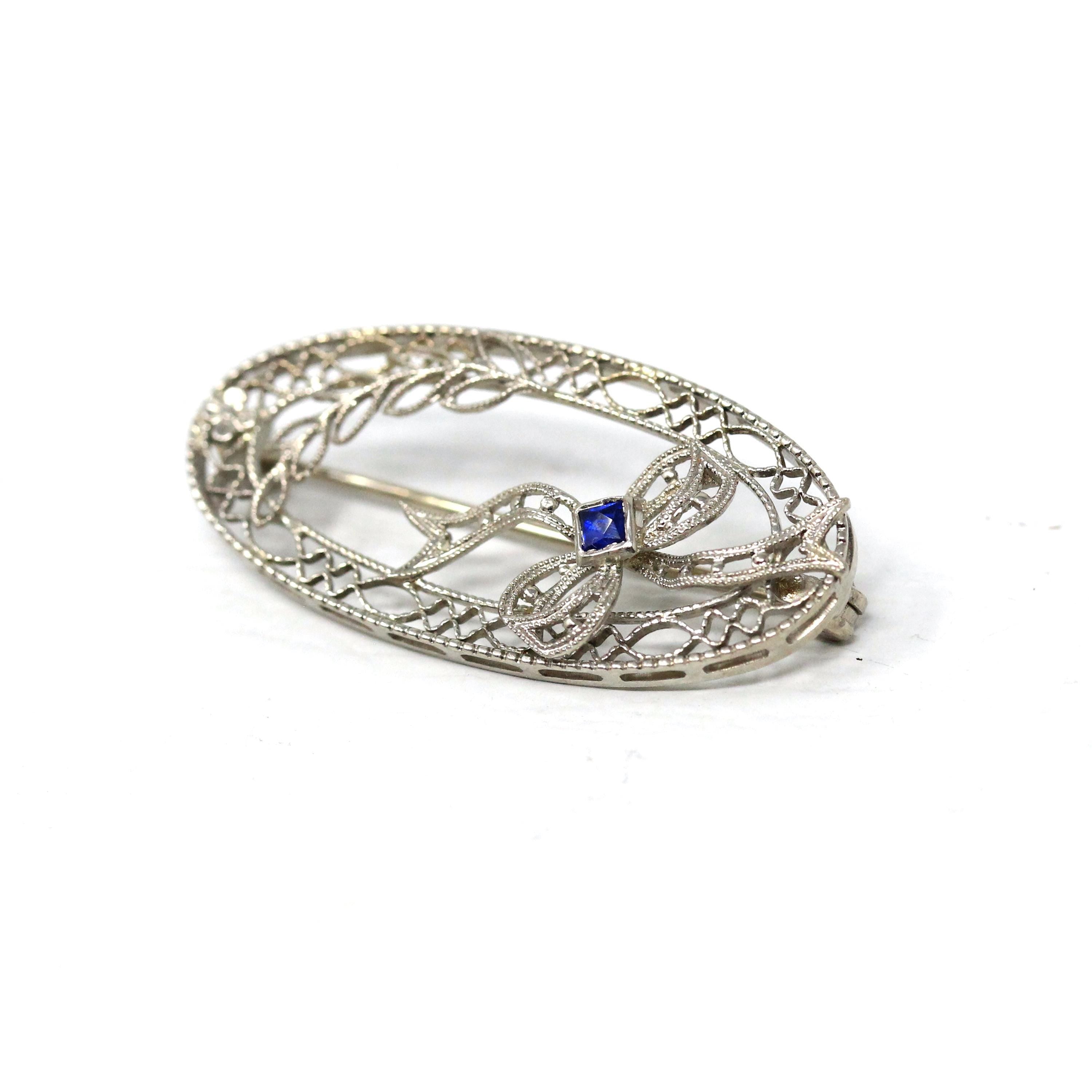 Art Deco Brooch - Vintage 14k White Gold Filigree Bow Ribbon Motif Statement Pin - Circa 1930s Era Created Sapphire Fine Oval 30s Jewelry