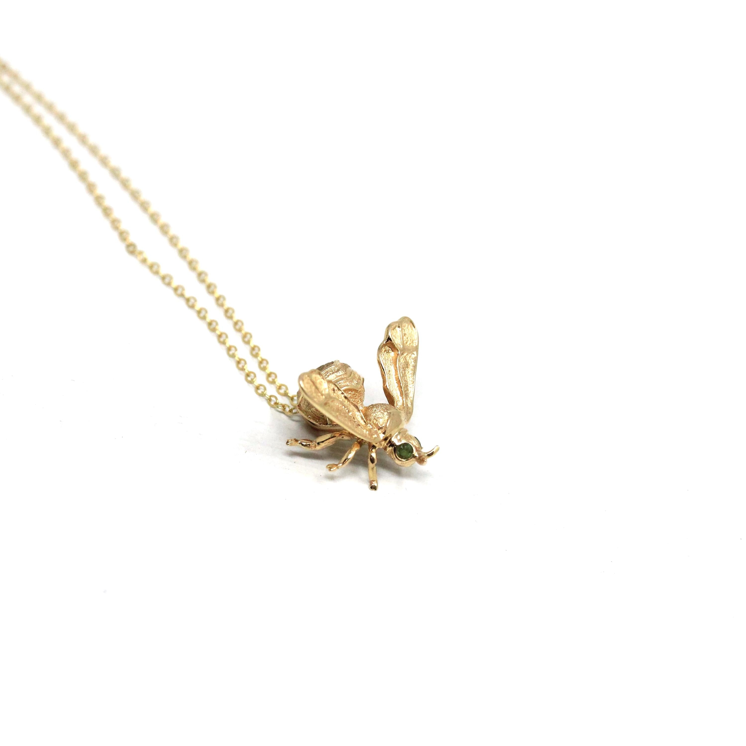 Modern Bee Charm - 14k Yellow Gold Green Tourmaline Pin Conversion Pendant Necklace - Vintage 1980s Figural Bug Fine Statement Jewelry